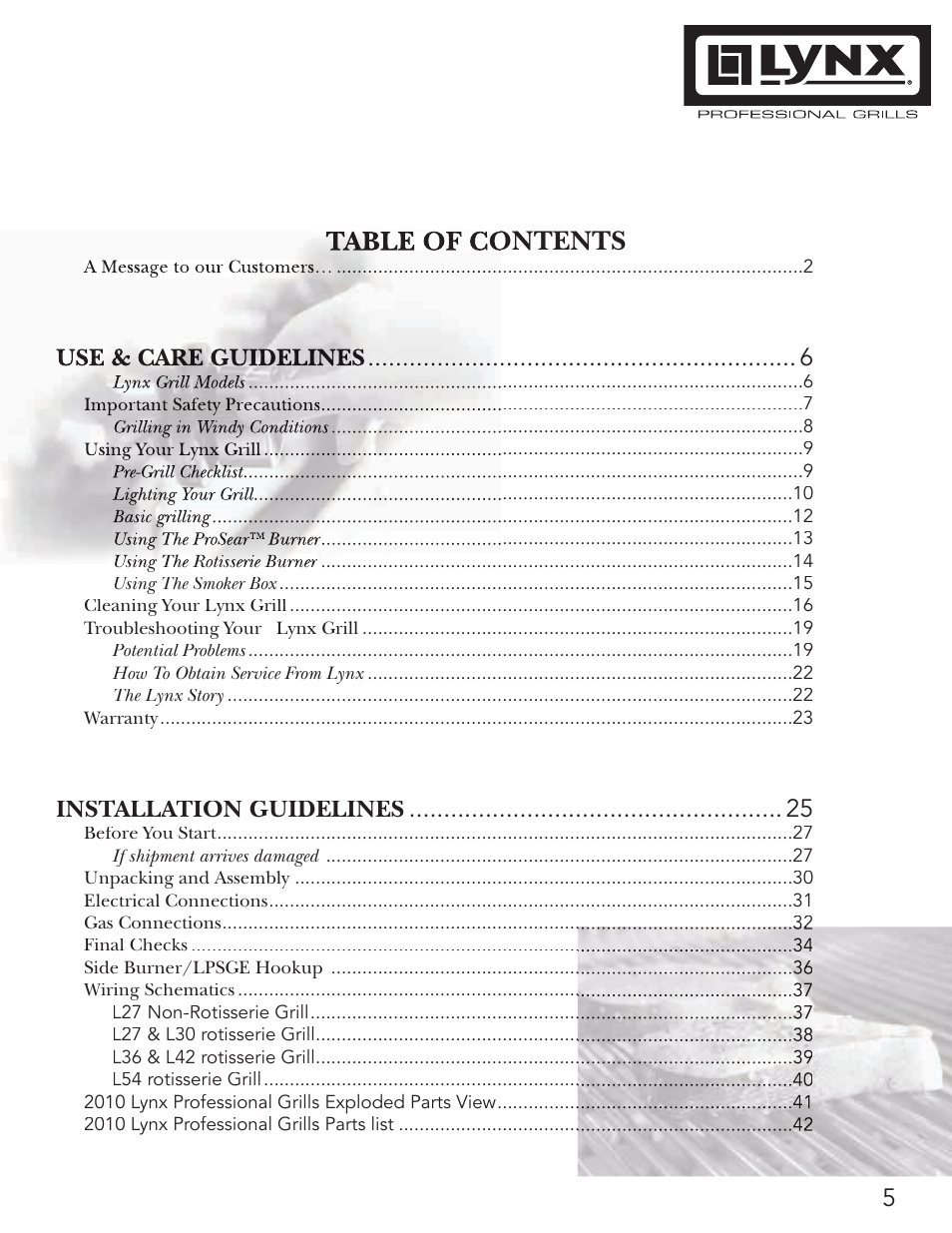 Ble of contents | Lynx Professional Grills 42" Free Standing Grill L42PSR-1 User Manual | Page 5 / 48