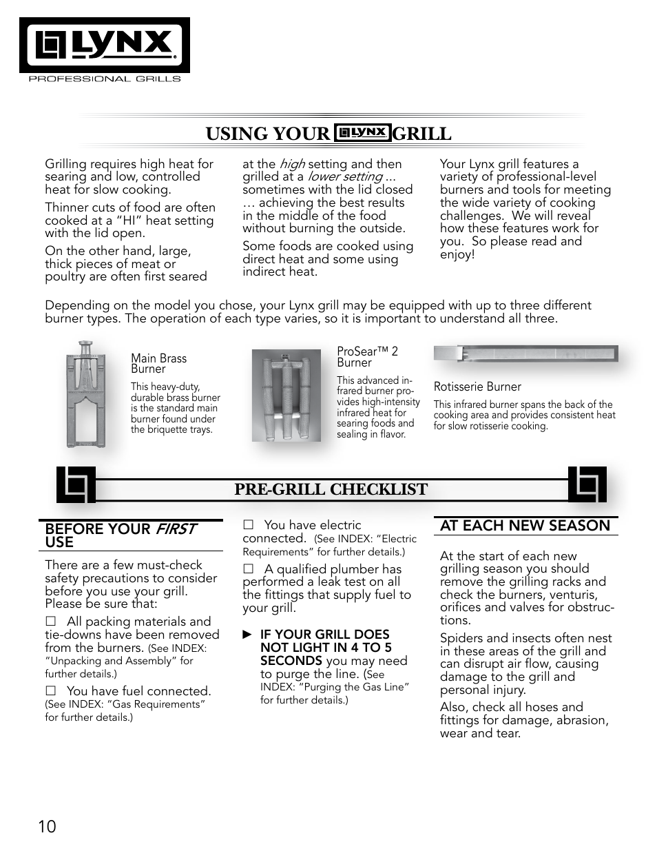 Using your lynx grill, Pre-grill checklist, First | Lynx Professional Grills 27" Free Standing Grill L27PSR-2 User Manual | Page 10 / 48