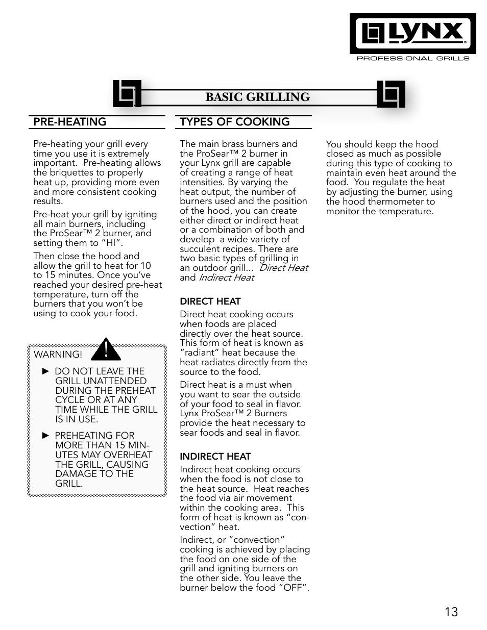 Basic grilling | Lynx Professional Grills 27" Free Standing Grill L27PSR-2 User Manual | Page 13 / 48