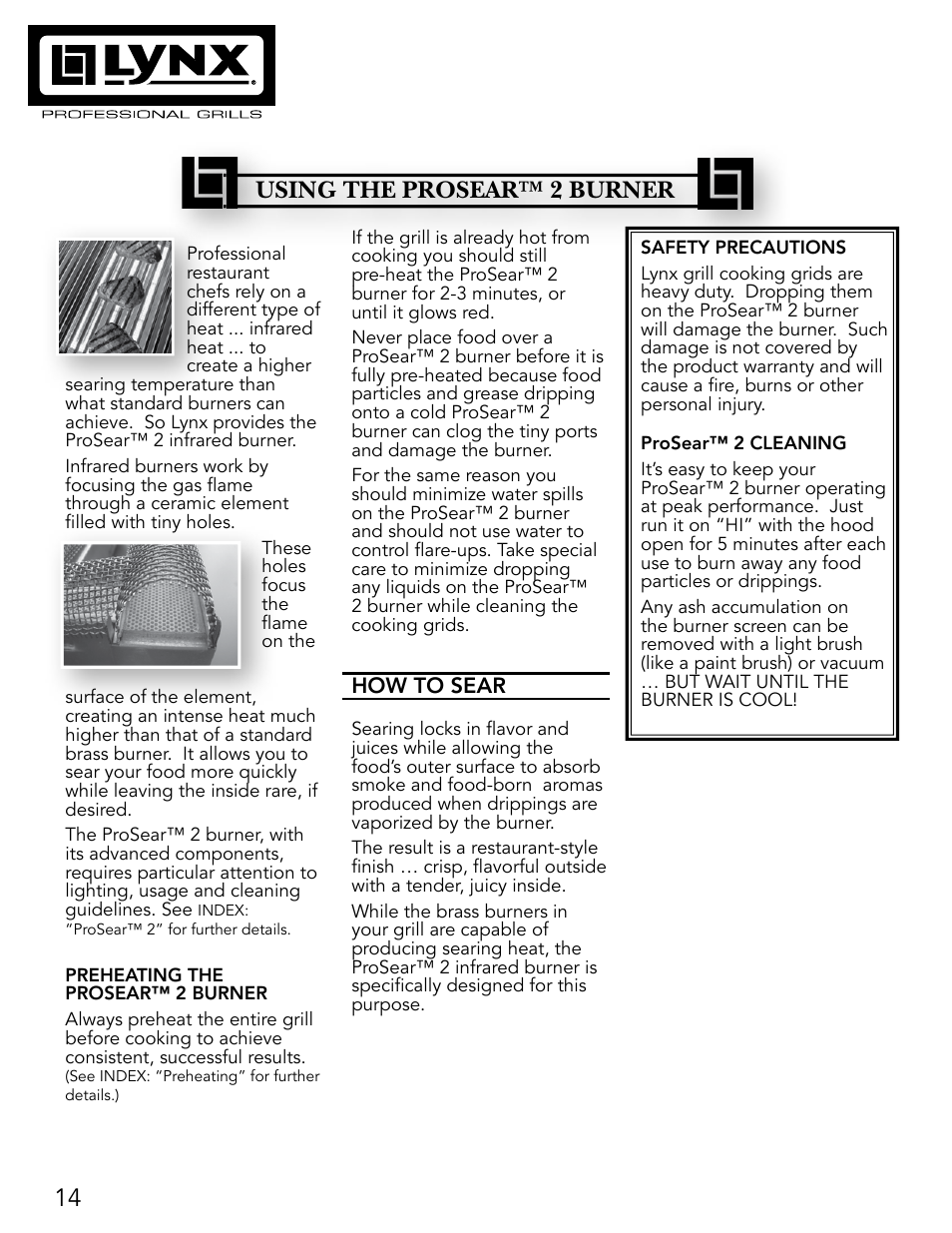 Using the prosear™ 2 burner | Lynx Professional Grills 27" Free Standing Grill L27PSR-2 User Manual | Page 14 / 48