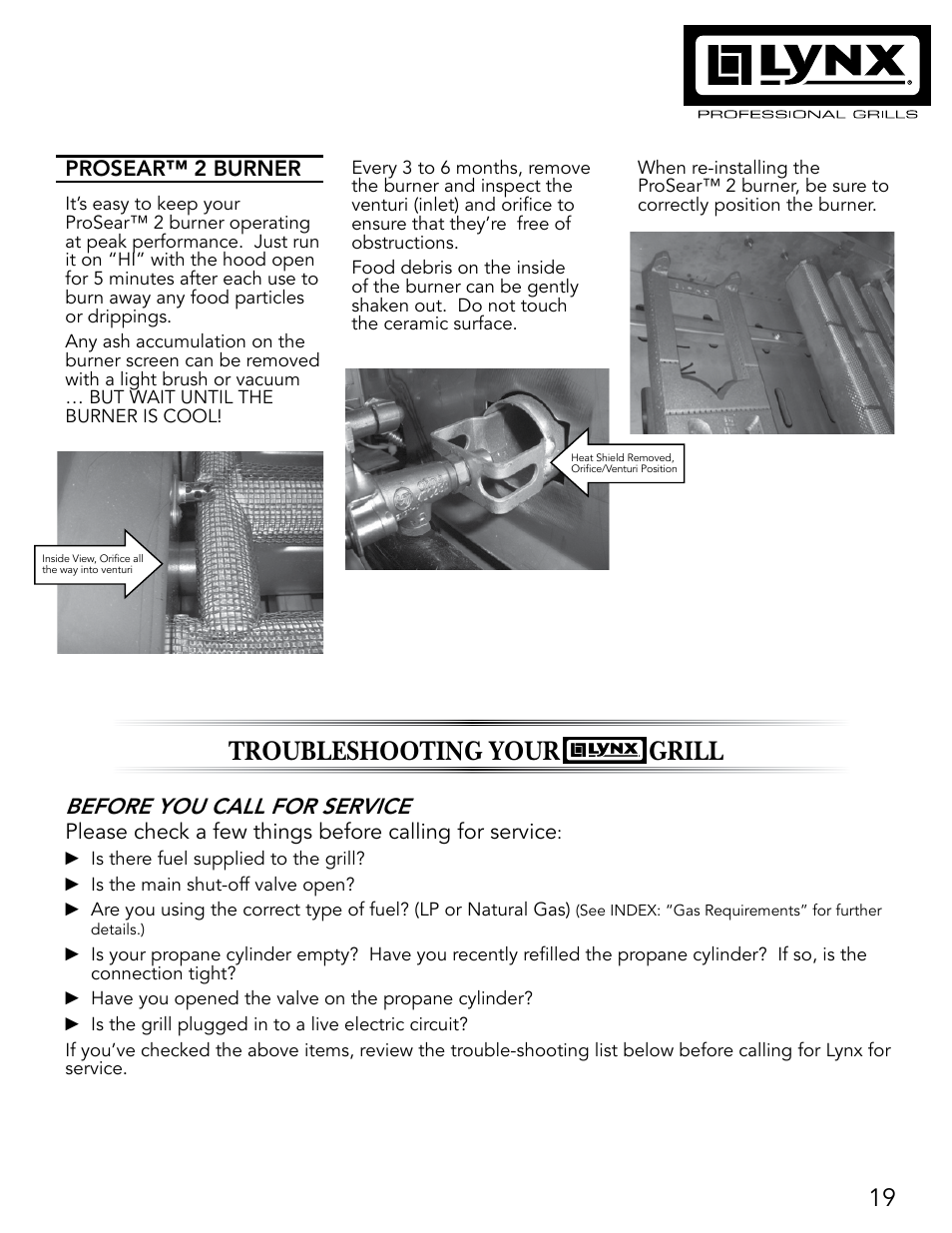 Troubleshooting your lynx grill, Before you call for service | Lynx Professional Grills 27" Free Standing Grill L27PSR-2 User Manual | Page 19 / 48