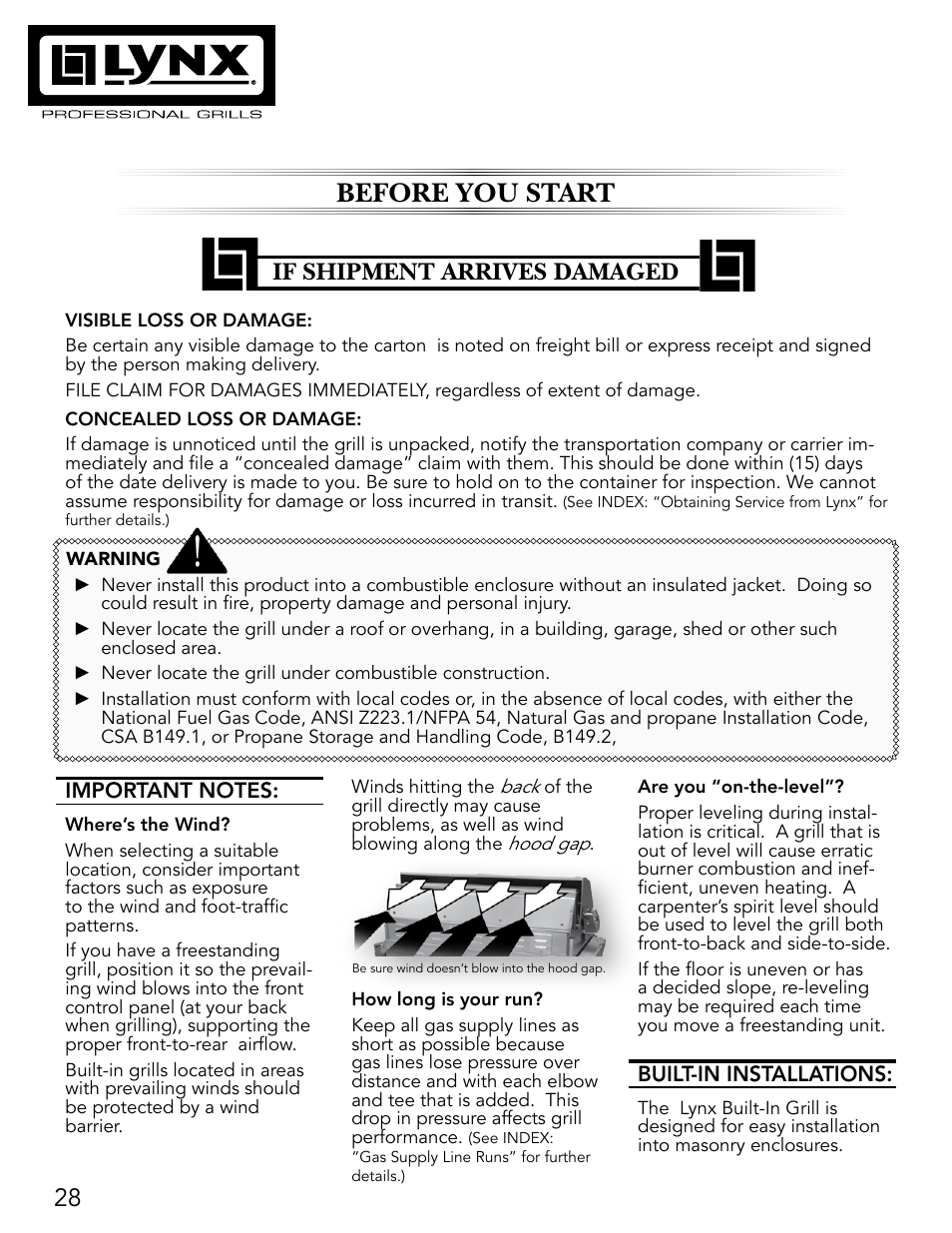 Before you start, If shipment arrives damaged | Lynx Professional Grills 27" Free Standing Grill L27PSR-2 User Manual | Page 28 / 48