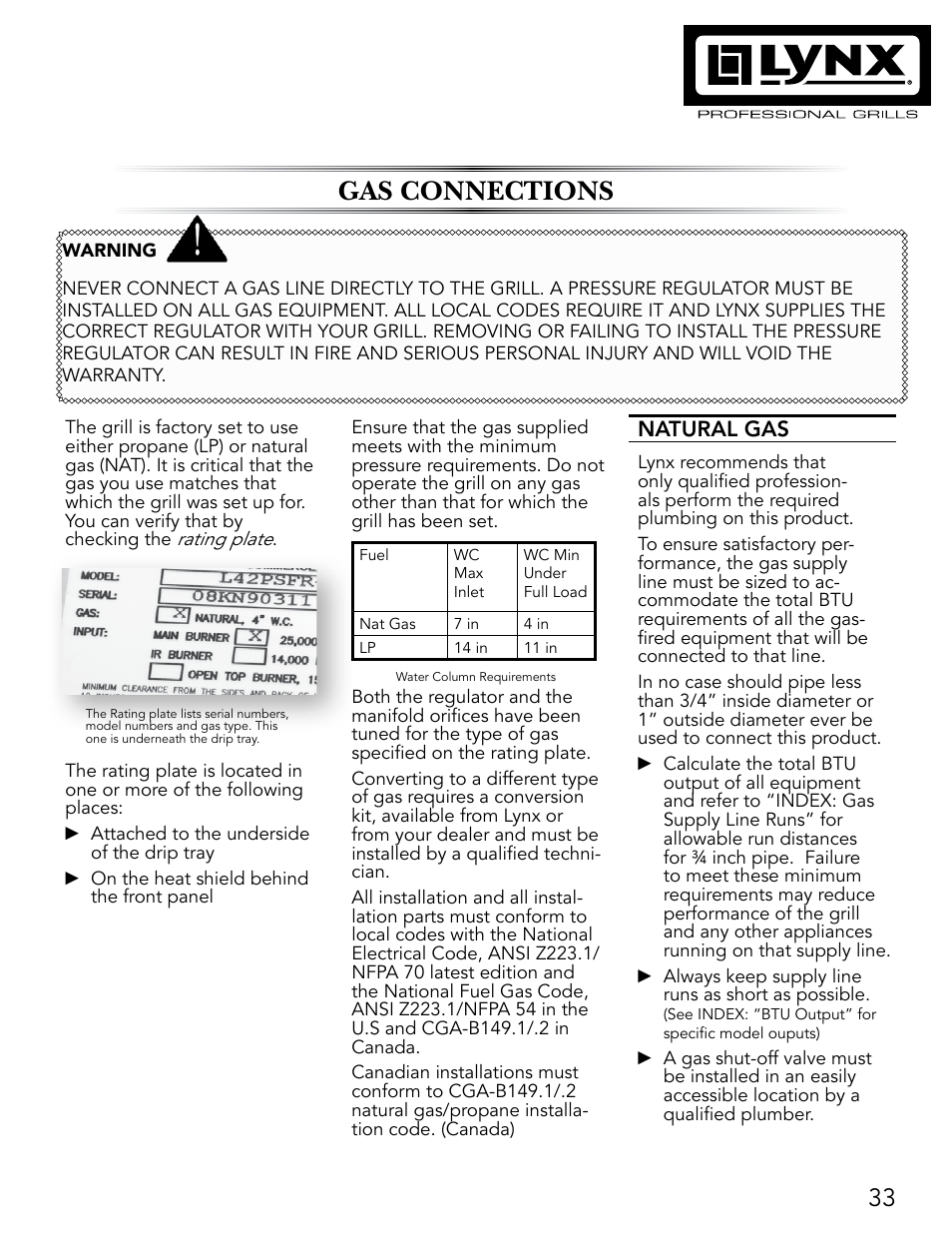 Gas connections, Natural gas | Lynx Professional Grills 27" Free Standing Grill L27PSR-2 User Manual | Page 33 / 48