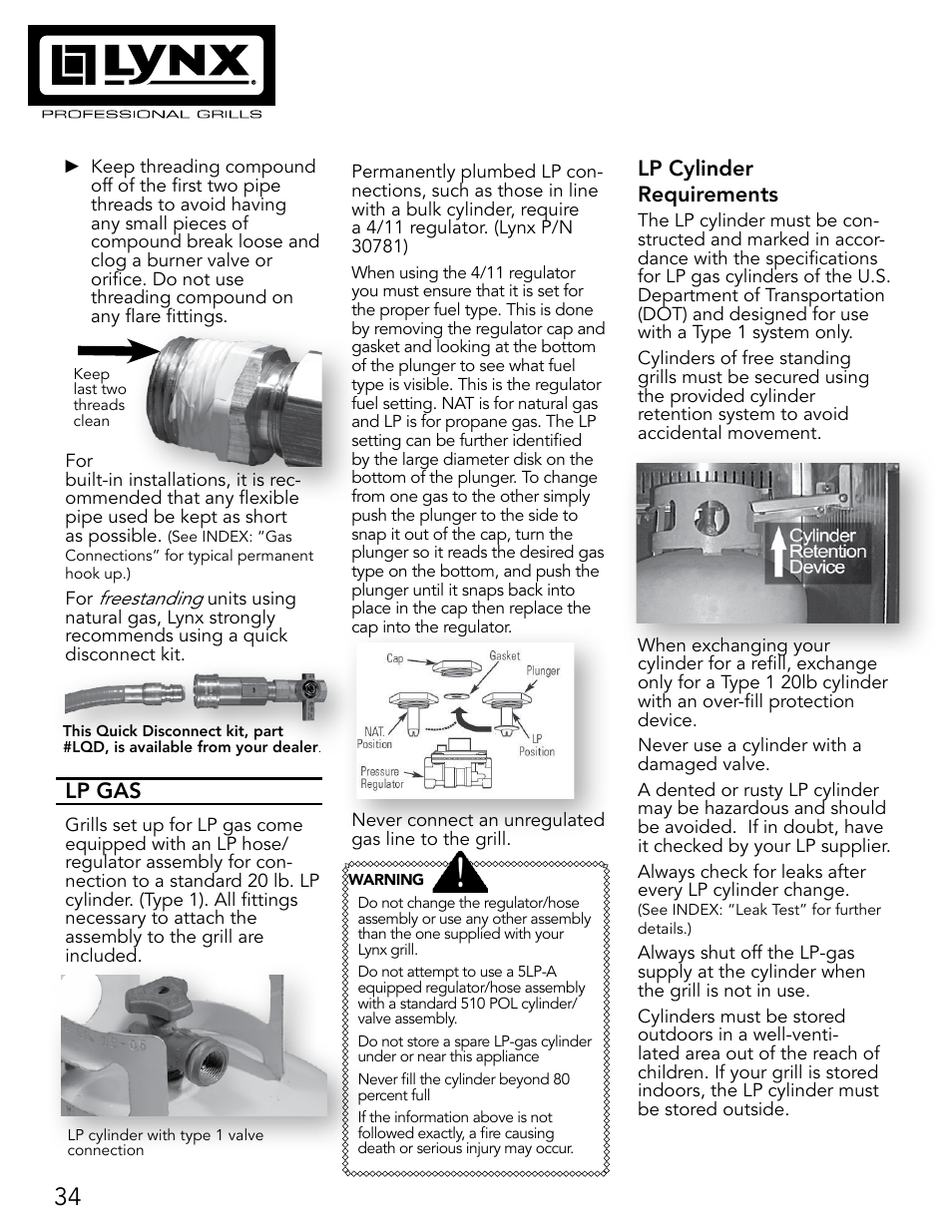 Lp gas, Lp cylinder requirements | Lynx Professional Grills 27" Free Standing Grill L27PSR-2 User Manual | Page 34 / 48