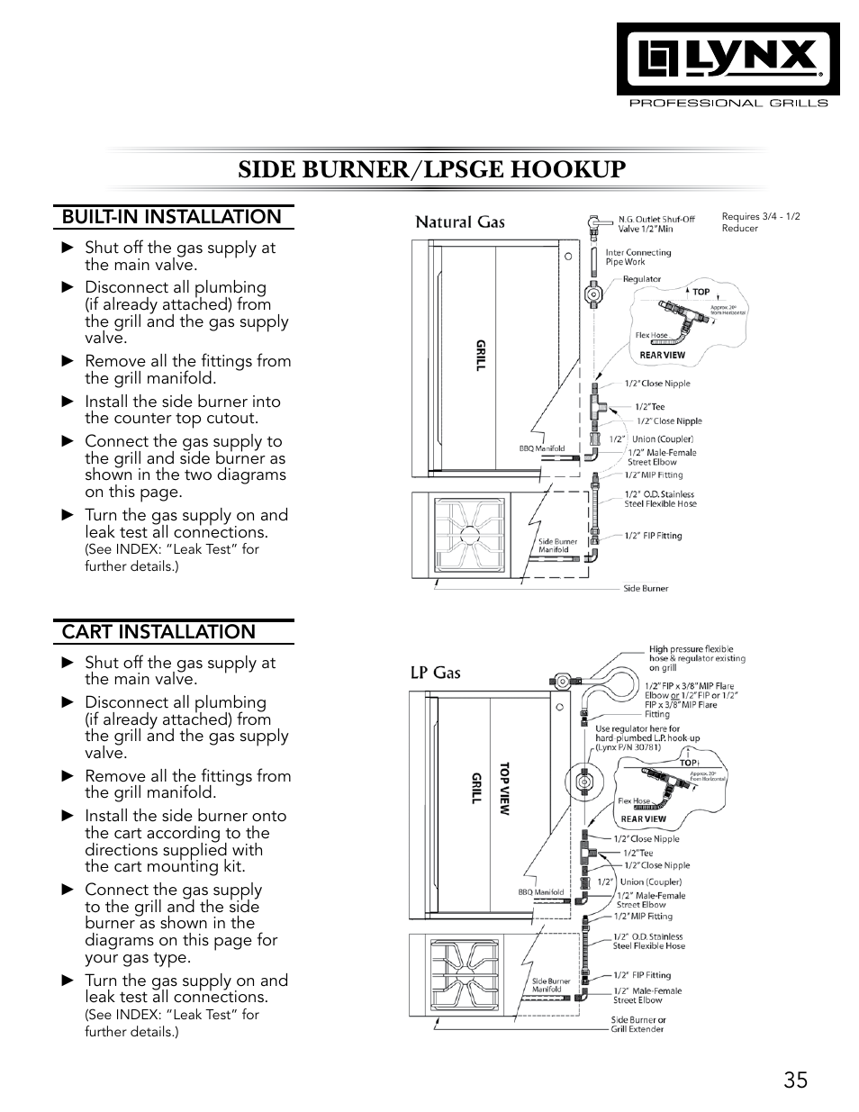 Side burner/lpsge hookup | Lynx Professional Grills 27" Free Standing Grill L27PSR-2 User Manual | Page 35 / 48