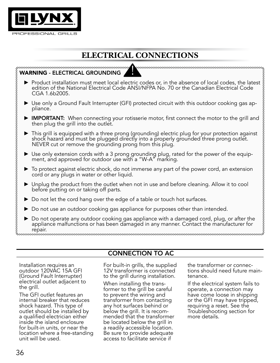 Electrical connections | Lynx Professional Grills 27" Free Standing Grill L27PSR-2 User Manual | Page 36 / 48