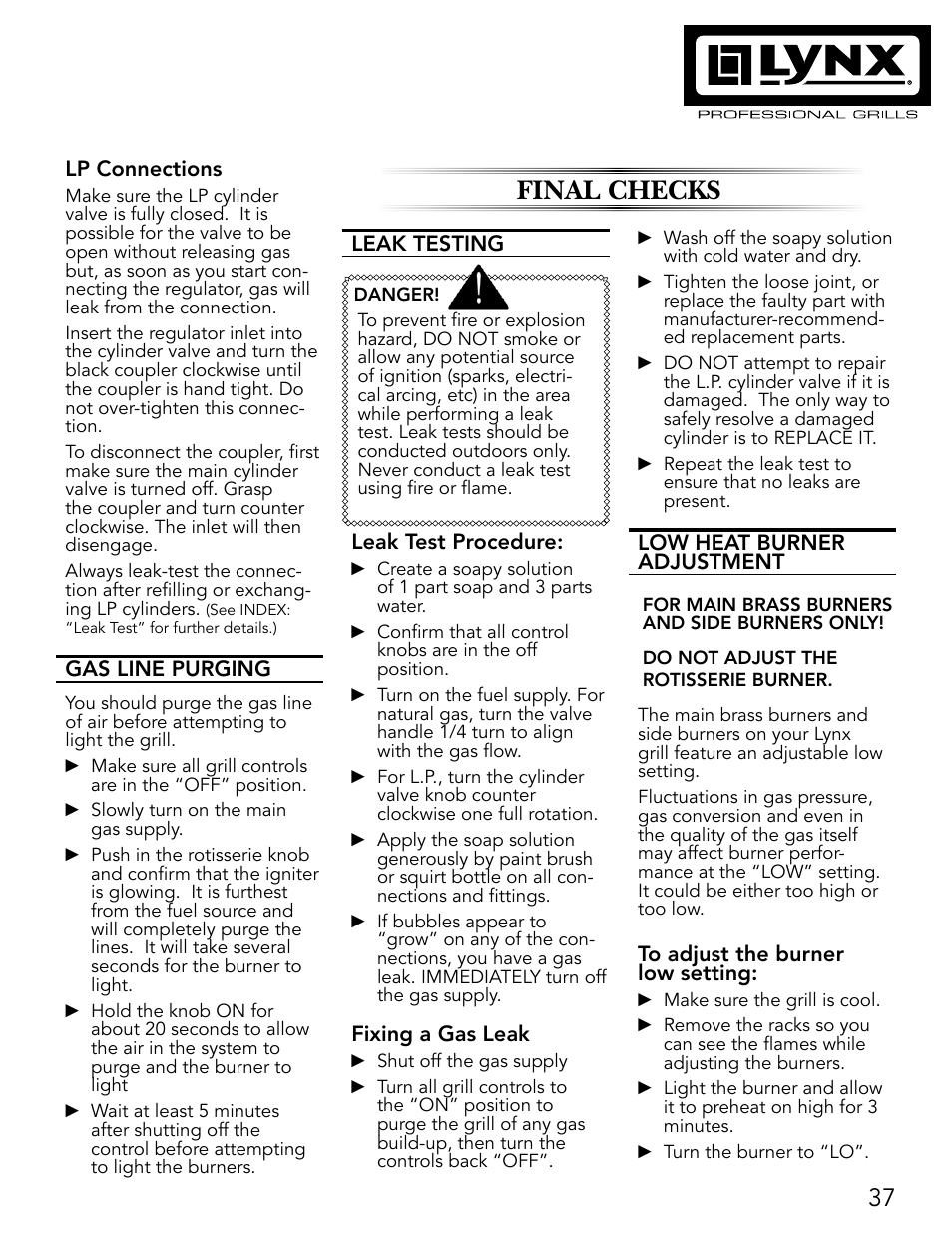 Final checks | Lynx Professional Grills 27" Free Standing Grill L27PSR-2 User Manual | Page 37 / 48