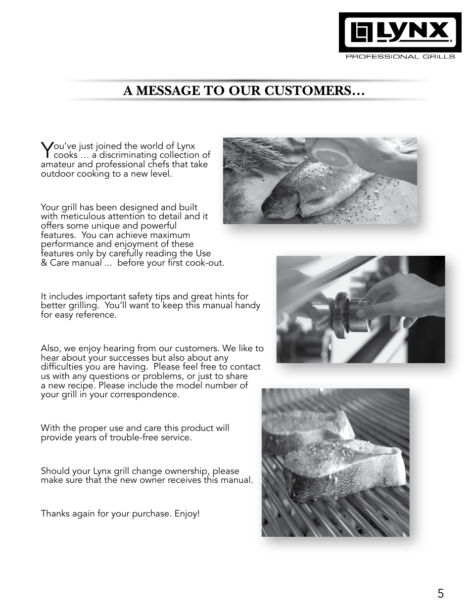 A message to our customers | Lynx Professional Grills 27" Free Standing Grill L27PSR-2 User Manual | Page 5 / 48