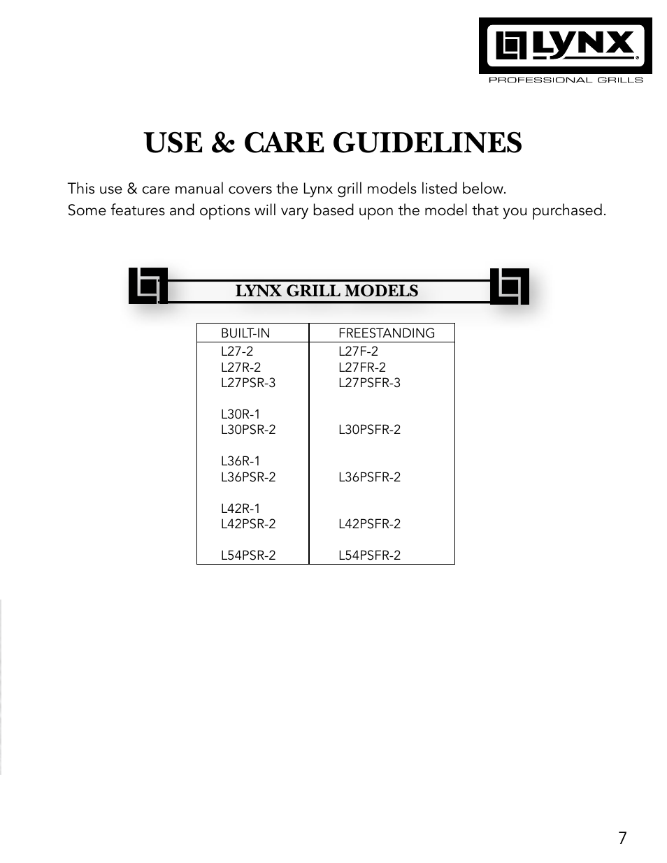 Use & care guidelines, Lynx grill models | Lynx Professional Grills 27" Free Standing Grill L27PSR-2 User Manual | Page 7 / 48
