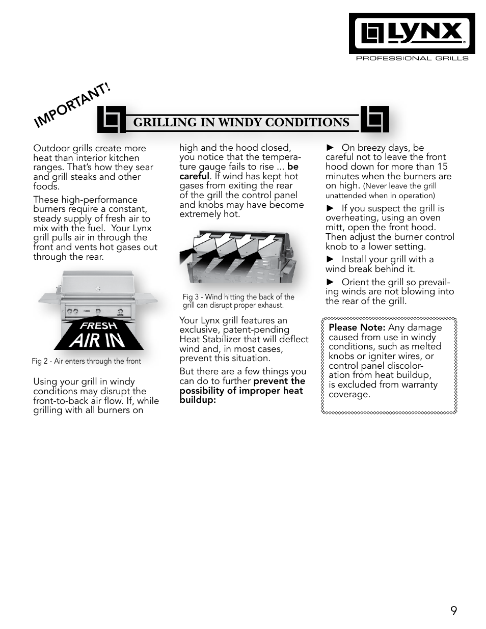 Impor tant, Grilling in windy conditions | Lynx Professional Grills 27" Free Standing Grill L27PSR-2 User Manual | Page 9 / 48