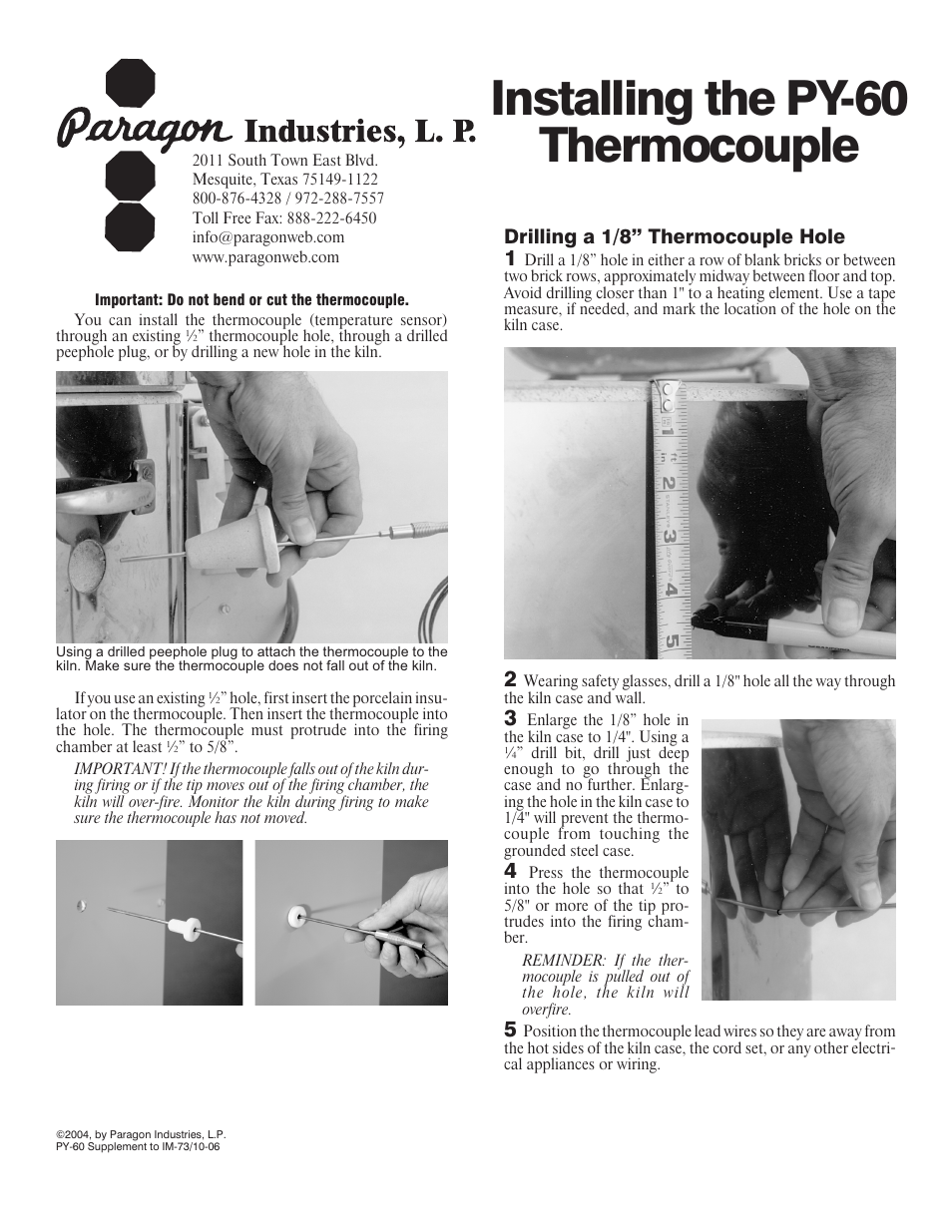 Paragon Thermocouple PY60 User Manual | 1 page