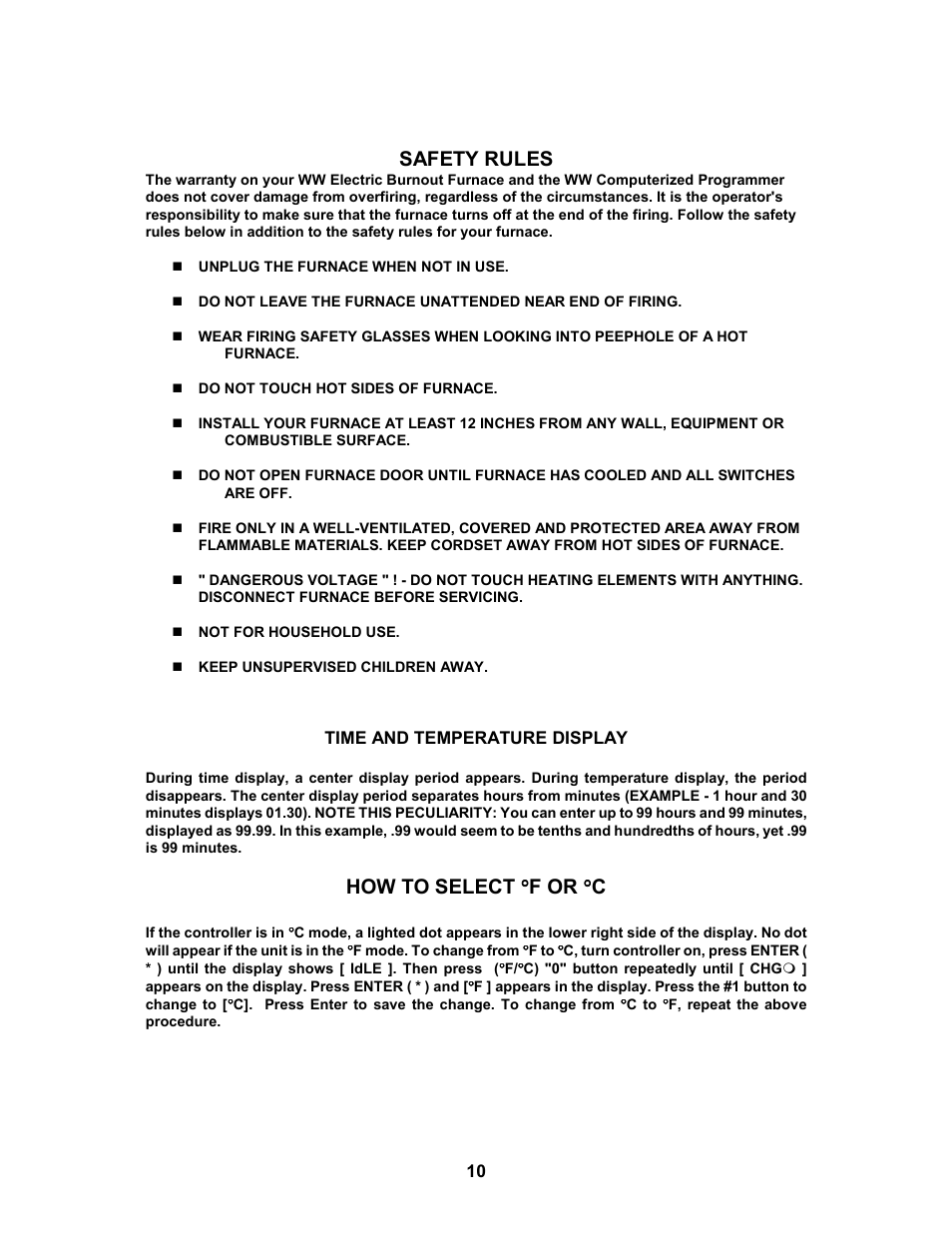 Safety rules, How to select °°°° f or °°°° c | Paragon W18 User Manual | Page 10 / 19