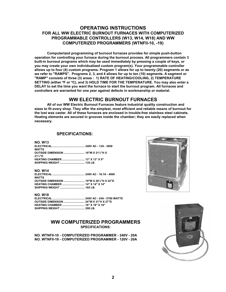 Operating instructions, Ww electric burnout furnaces, Ww computerized programmers | Paragon W18 User Manual | Page 2 / 19