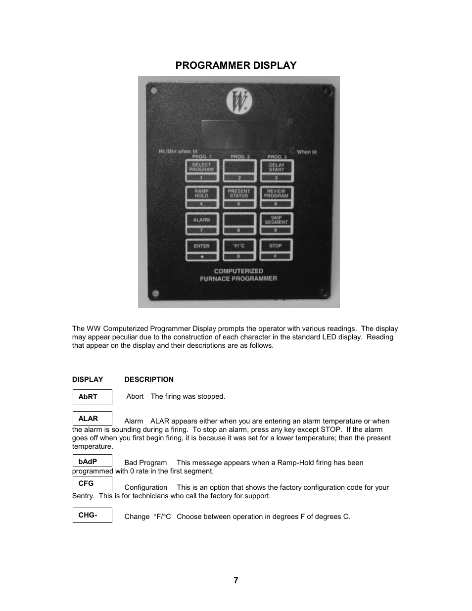 Programmer display | Paragon W18 User Manual | Page 7 / 19