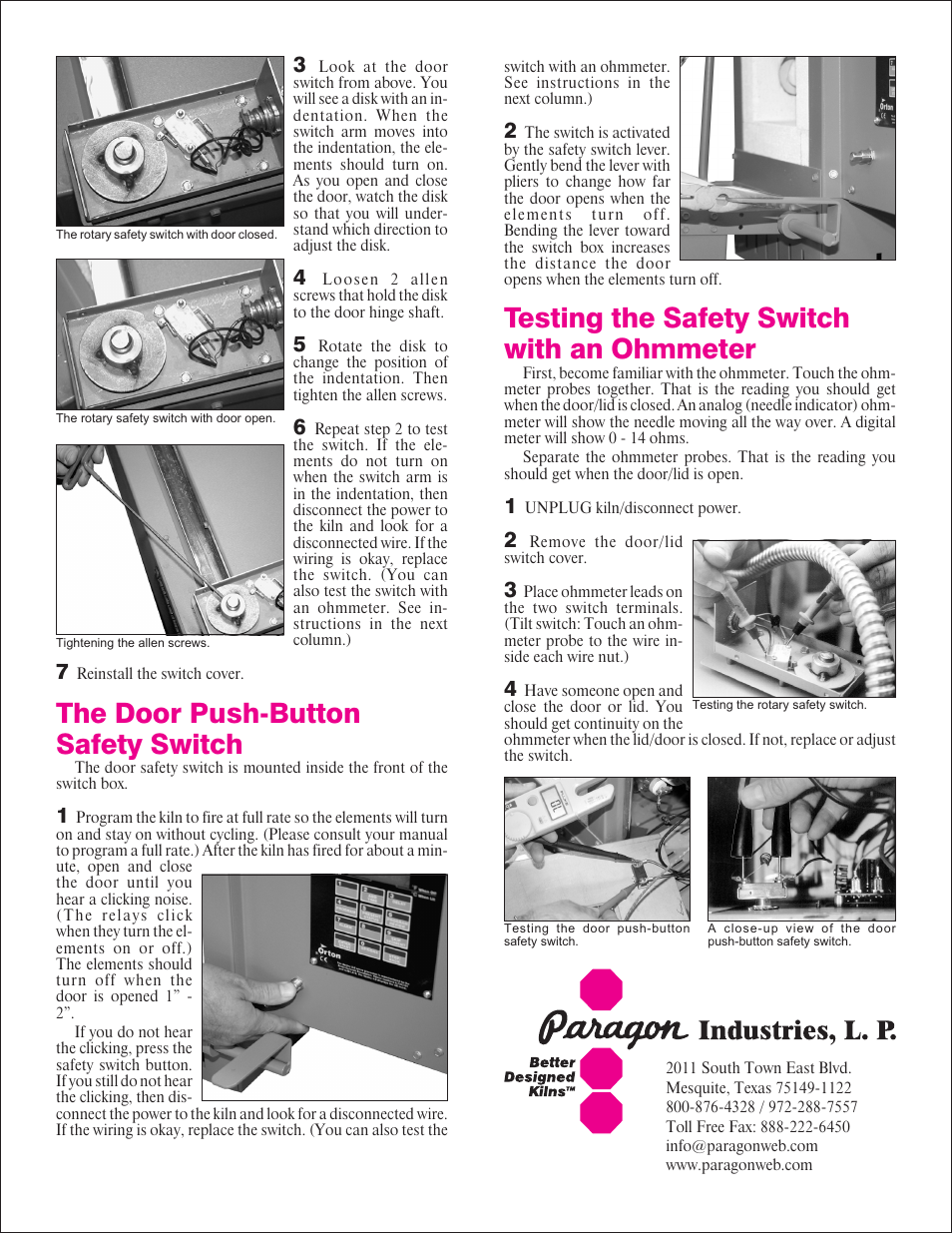 The door push-button safety switch, Testing the safety switch with an ohmmeter | Paragon Lid/Door Safety Switch User Manual | Page 2 / 2
