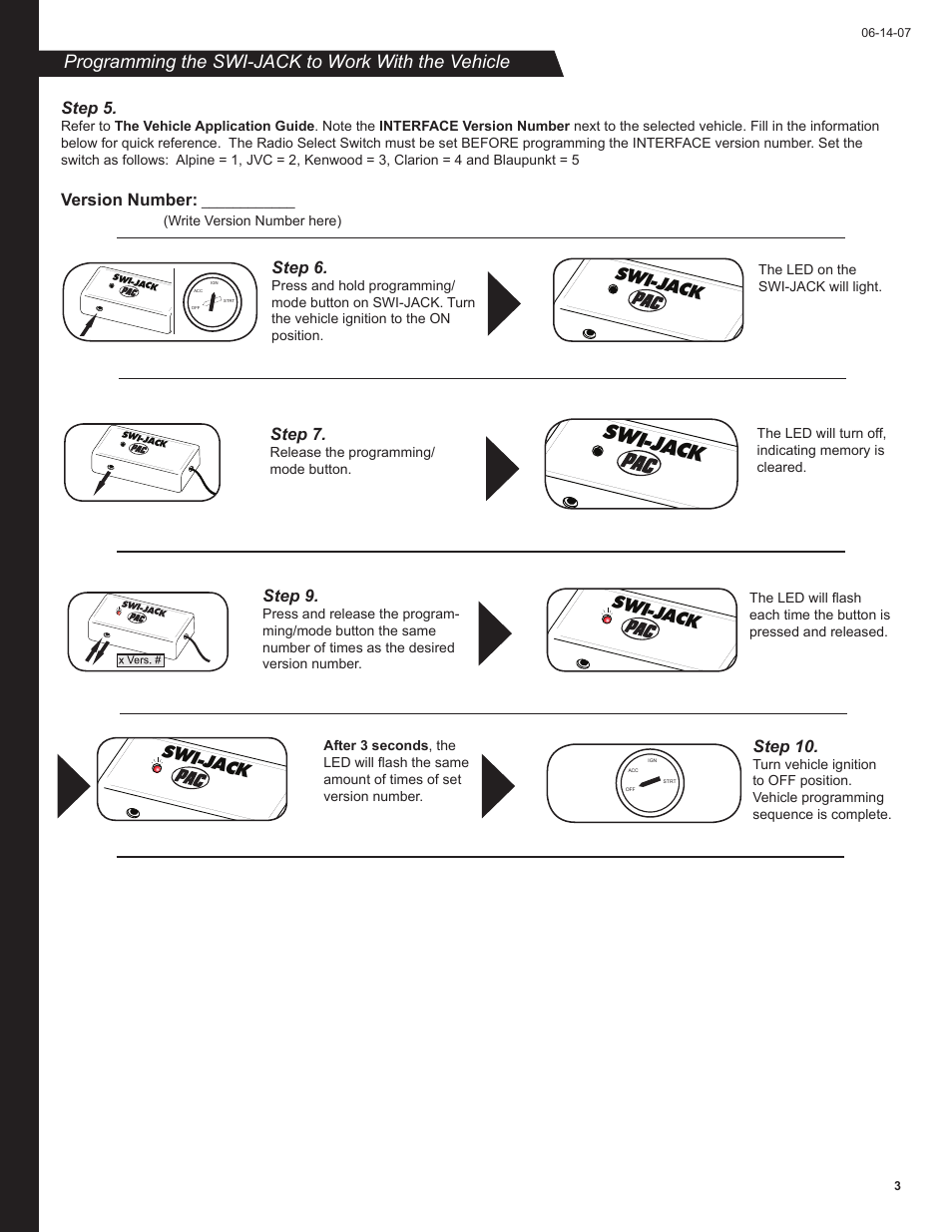 Swi-jack, Programming the swi-jack to work with the vehicle, Step 5 | Version number, Step 6, Step 7, Step 9, Step 10 | PAC Automobile Accessories User Manual | Page 3 / 8