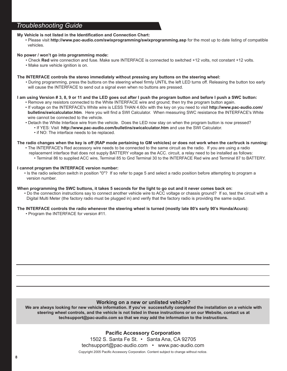 Troubleshooting guide | PAC Automobile Accessories User Manual | Page 8 / 8
