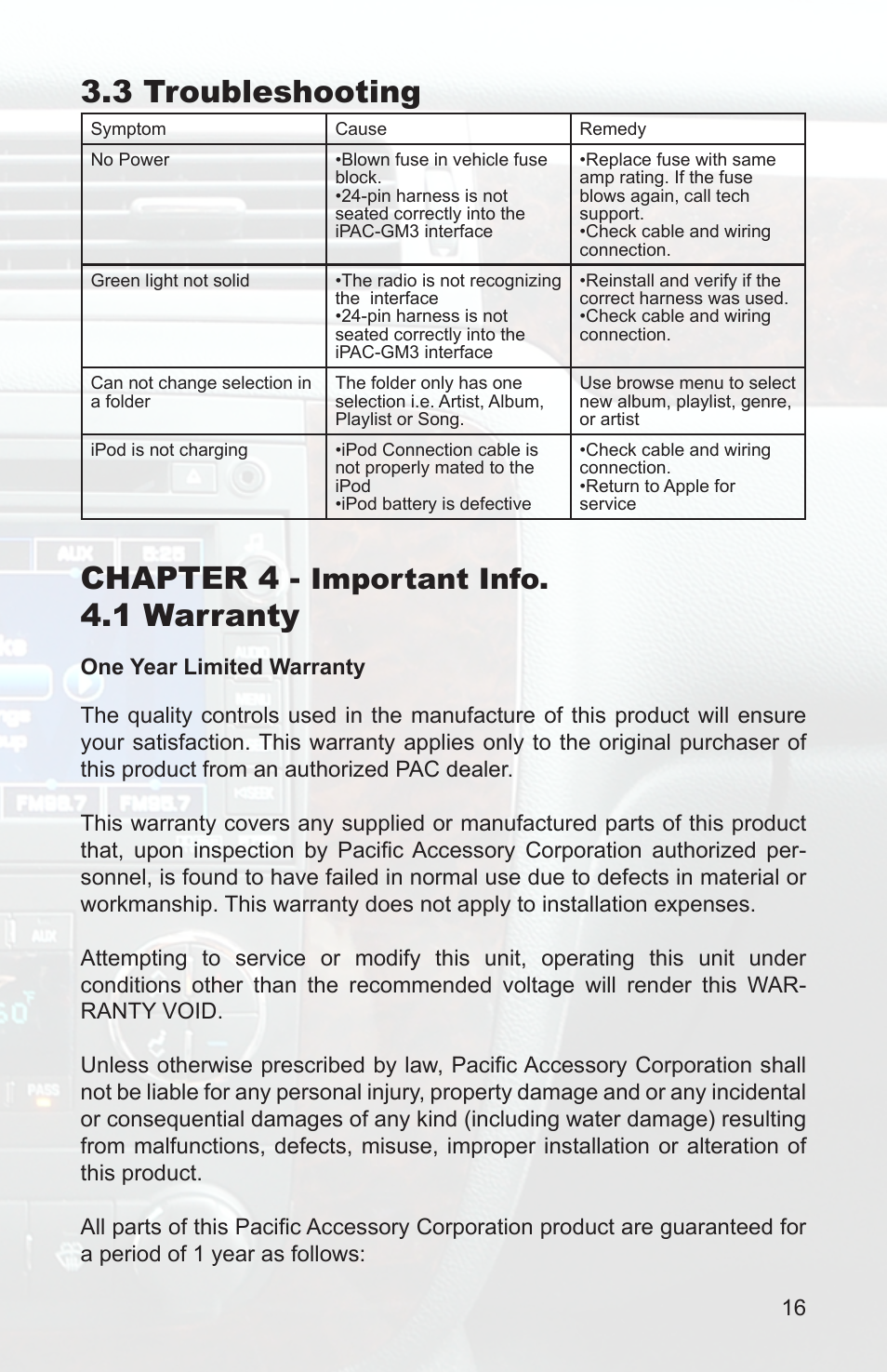 3 troubleshooting, Chapter 4, 1 warranty | Important info | PAC Ipac GM3 User Manual | Page 14 / 15