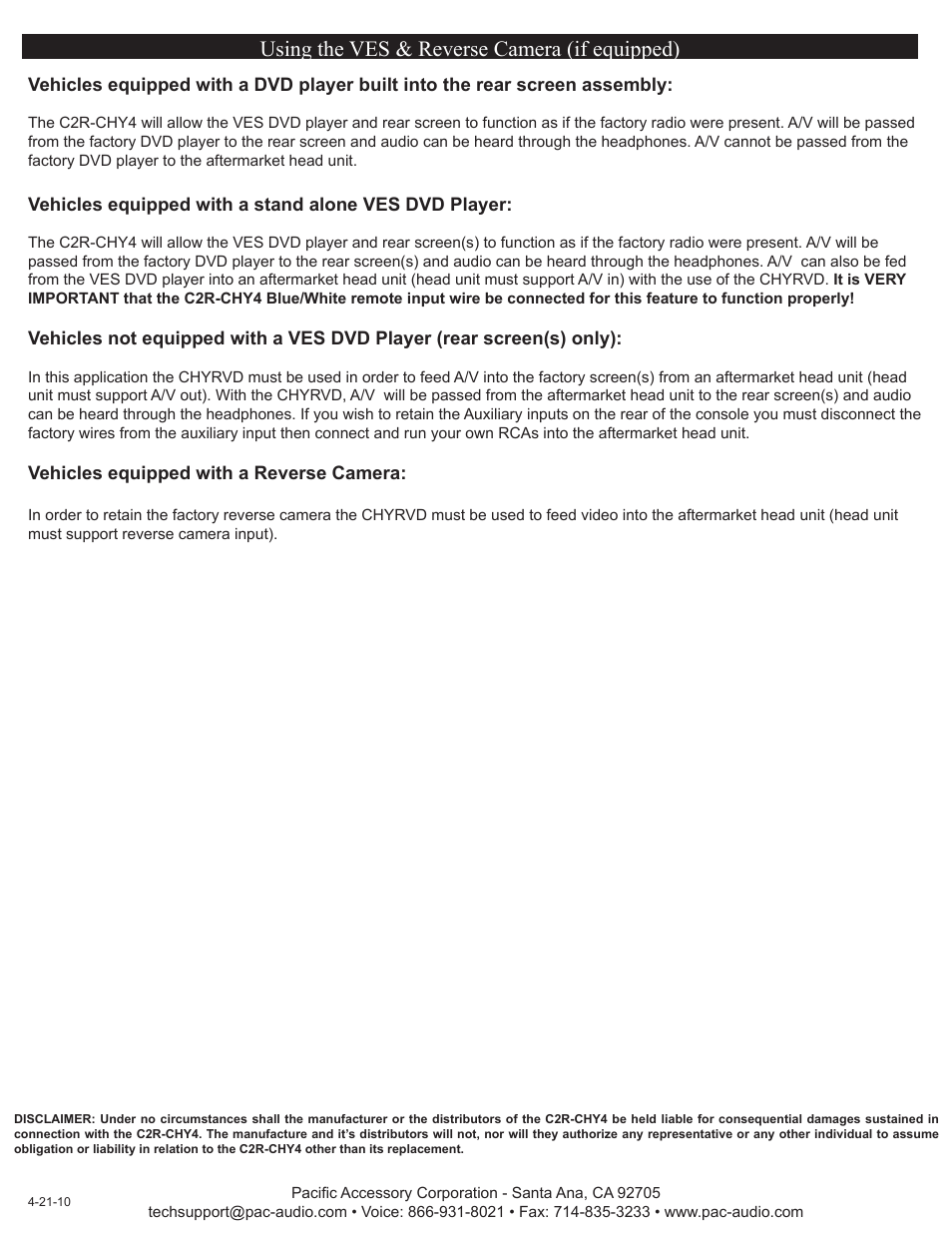 Using the ves & reverse camera (if equipped) | PAC C2R-CHY4 User Manual | Page 2 / 2