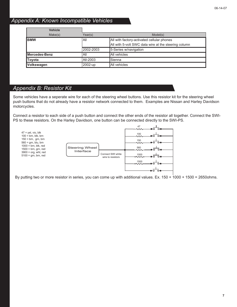 Appendix a: known incompatible vehicles, Appendix b: resistor kit | PAC SWI-PS User Manual | Page 7 / 8
