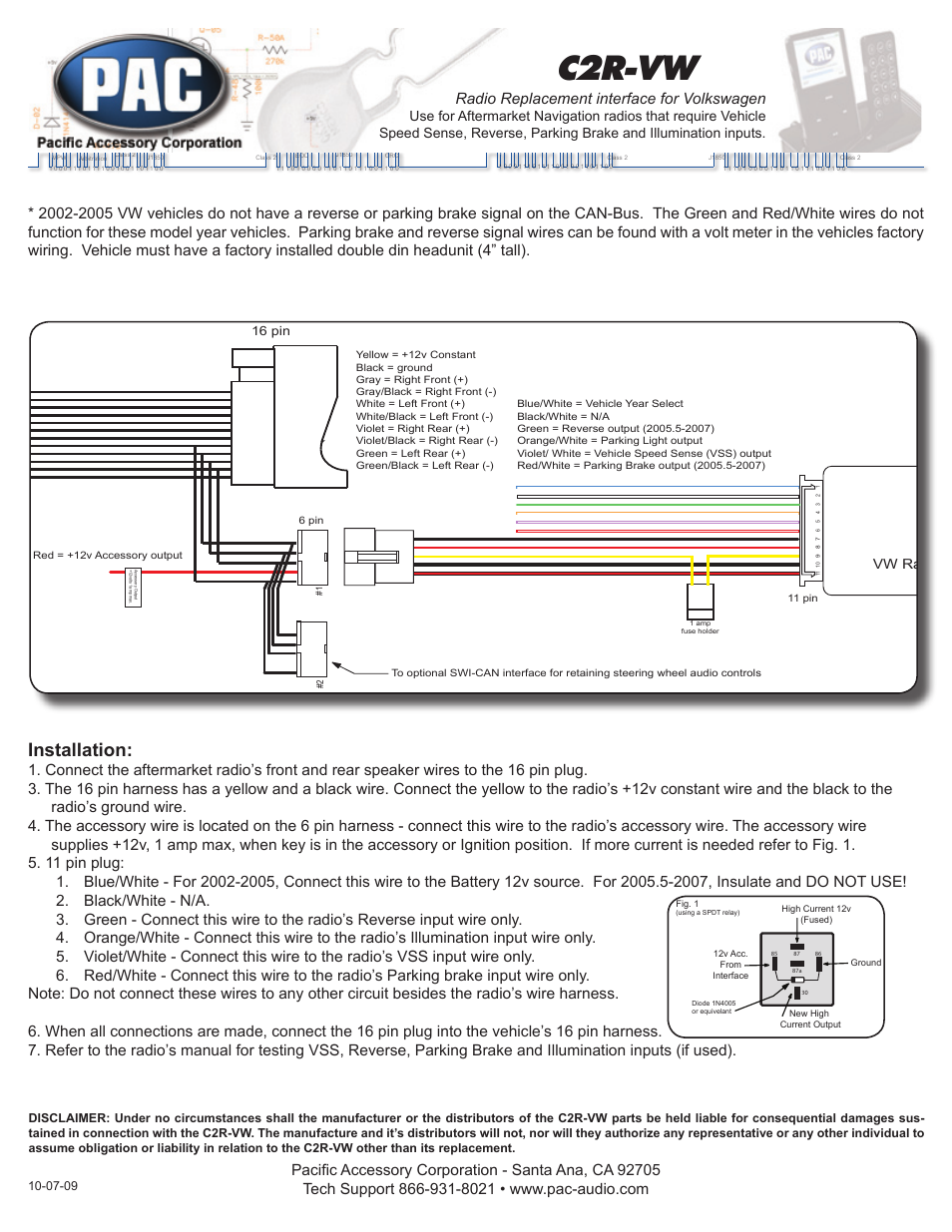 PAC C2R-VW User Manual | 1 page