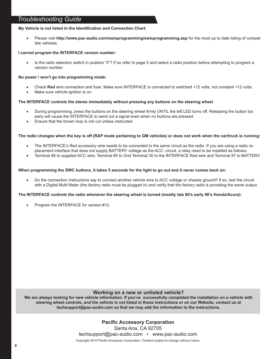 Troubleshooting guide | PAC SWI-RC User Manual | Page 8 / 8