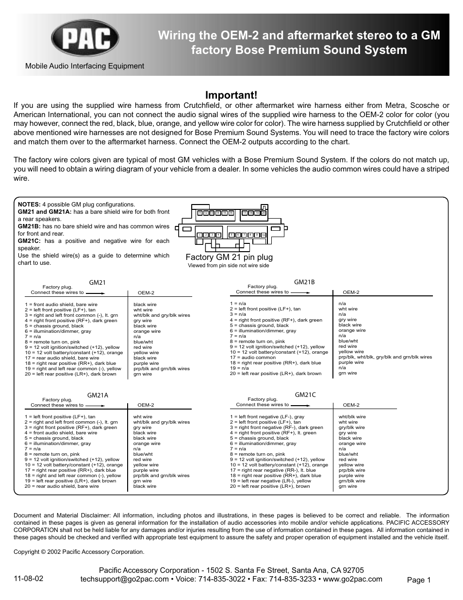Gm bose plug, Important, Factory gm 21 pin plug | Mobile audio interfacing equipment | PAC OEM-2 User Manual | Page 3 / 4