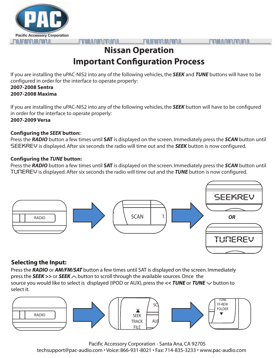 Upac_nis2_infiniti_p2.pdf, Nissan operation important configuration process, Seekrev | Tunerev, Selecting the input, Seek track file cat audio scan pwr vol | PAC UPAC-NIS2 User Manual | Page 2 / 5
