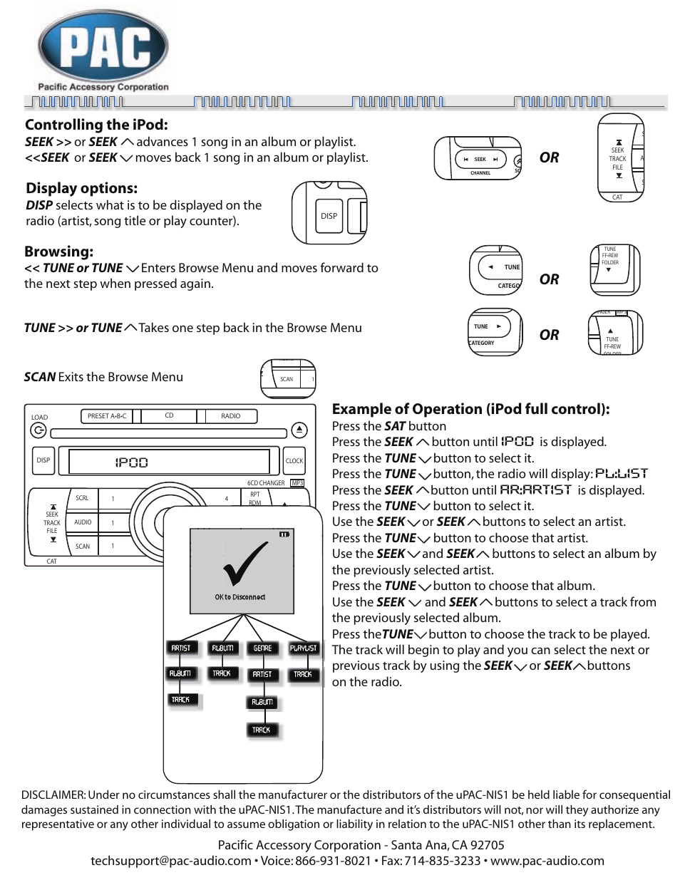 Upac_nis2_infiniti_p3.pdf, Browsing, Example of operation (ipod full control) | Controlling the ipod, Display options | PAC UPAC-NIS2 User Manual | Page 3 / 5