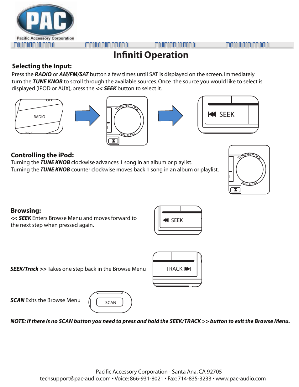 Upac_nis2_infiniti_p4.pdf, Infiniti operation, Preset seek track cat rpt | Browsing, Controlling the ipod, Selecting the input, A•b•c, 1preset seek track cat rpt, Seek track cat rpt 3 4 5 6 | PAC UPAC-NIS2 User Manual | Page 4 / 5