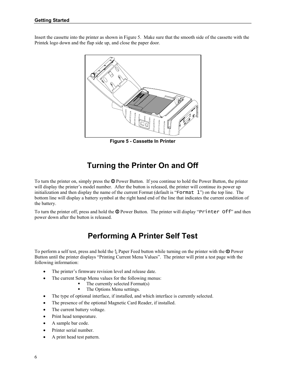 Turning the printer on and off, Performing a printer self test | Printek Mobile Thermal MtP400 User Manual | Page 12 / 65