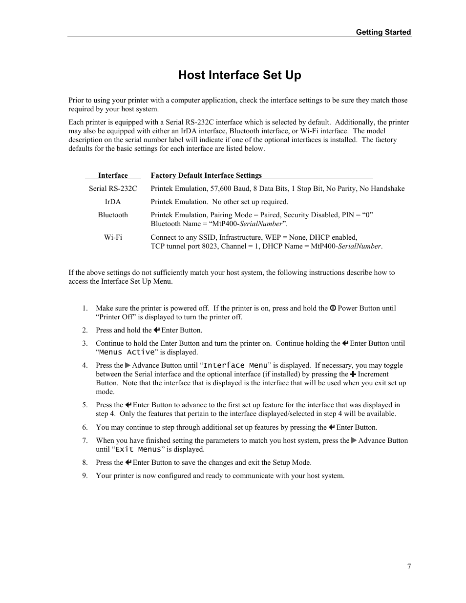 Host interface set up | Printek Mobile Thermal MtP400 User Manual | Page 13 / 65