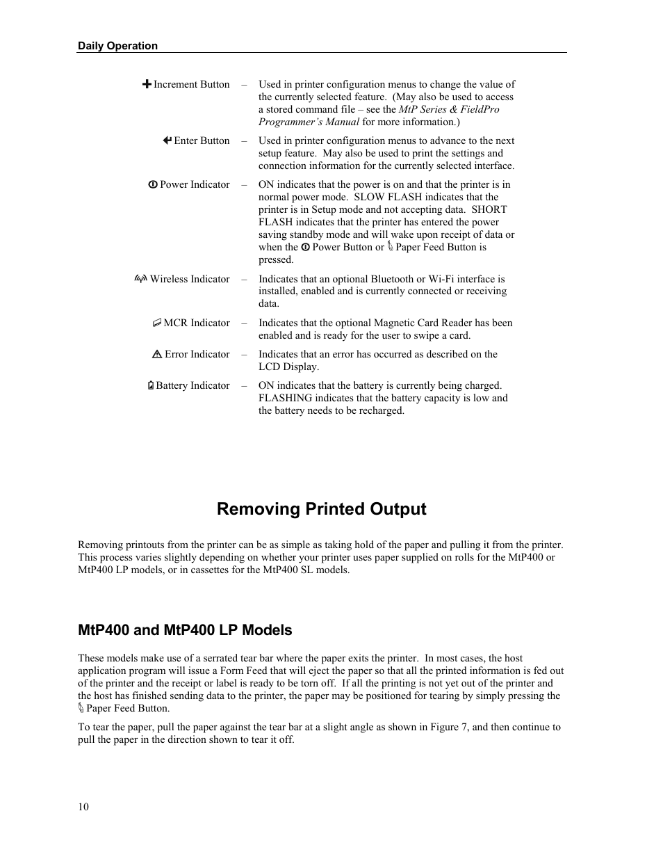 Removing printed output, Mtp400 and mtp400 lp models | Printek Mobile Thermal MtP400 User Manual | Page 16 / 65