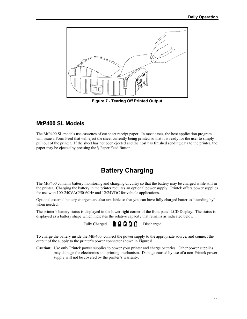 Mtp400 sl models, Battery charging | Printek Mobile Thermal MtP400 User Manual | Page 17 / 65