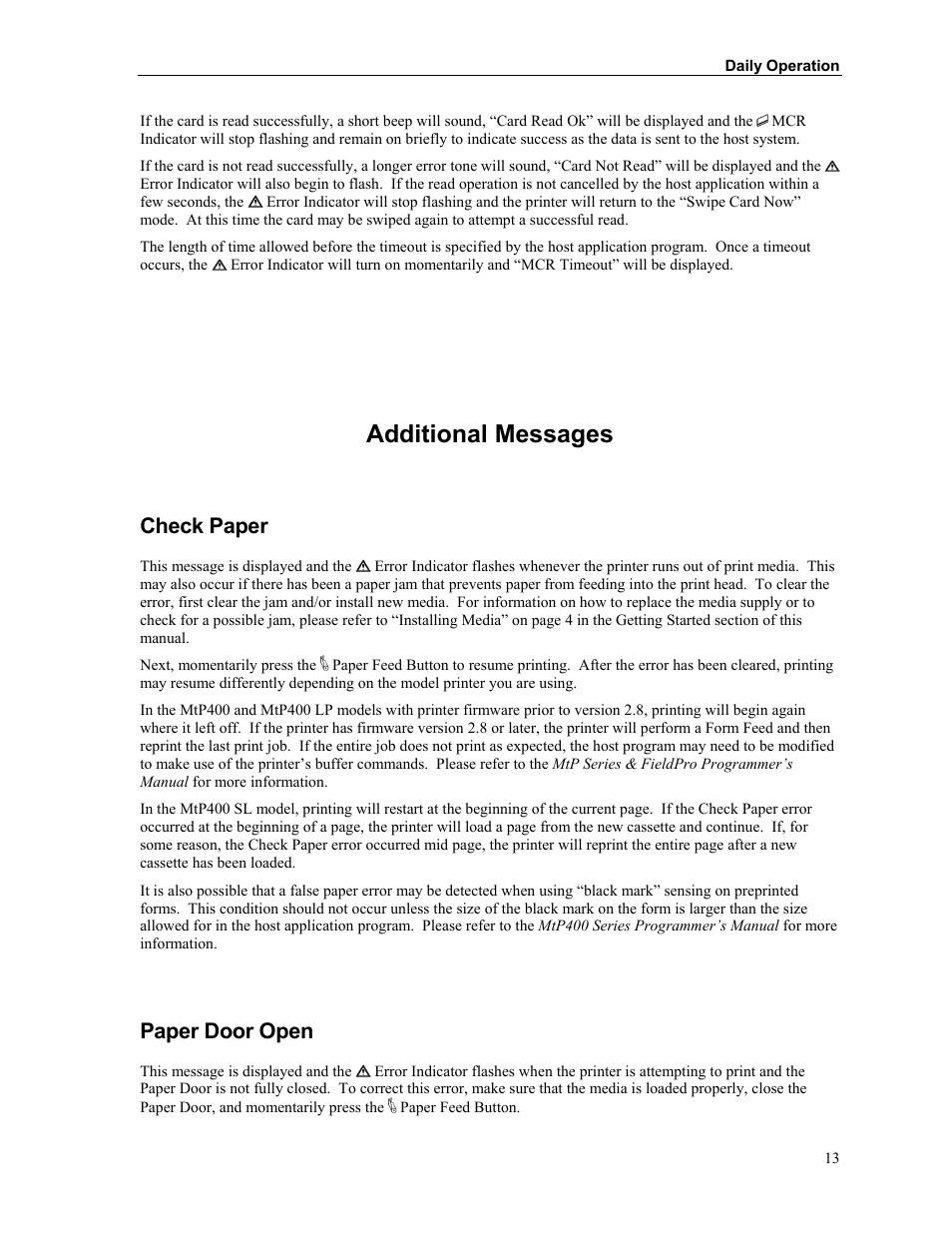 Additional messages, Check paper, Paper door open | Printek Mobile Thermal MtP400 User Manual | Page 19 / 65