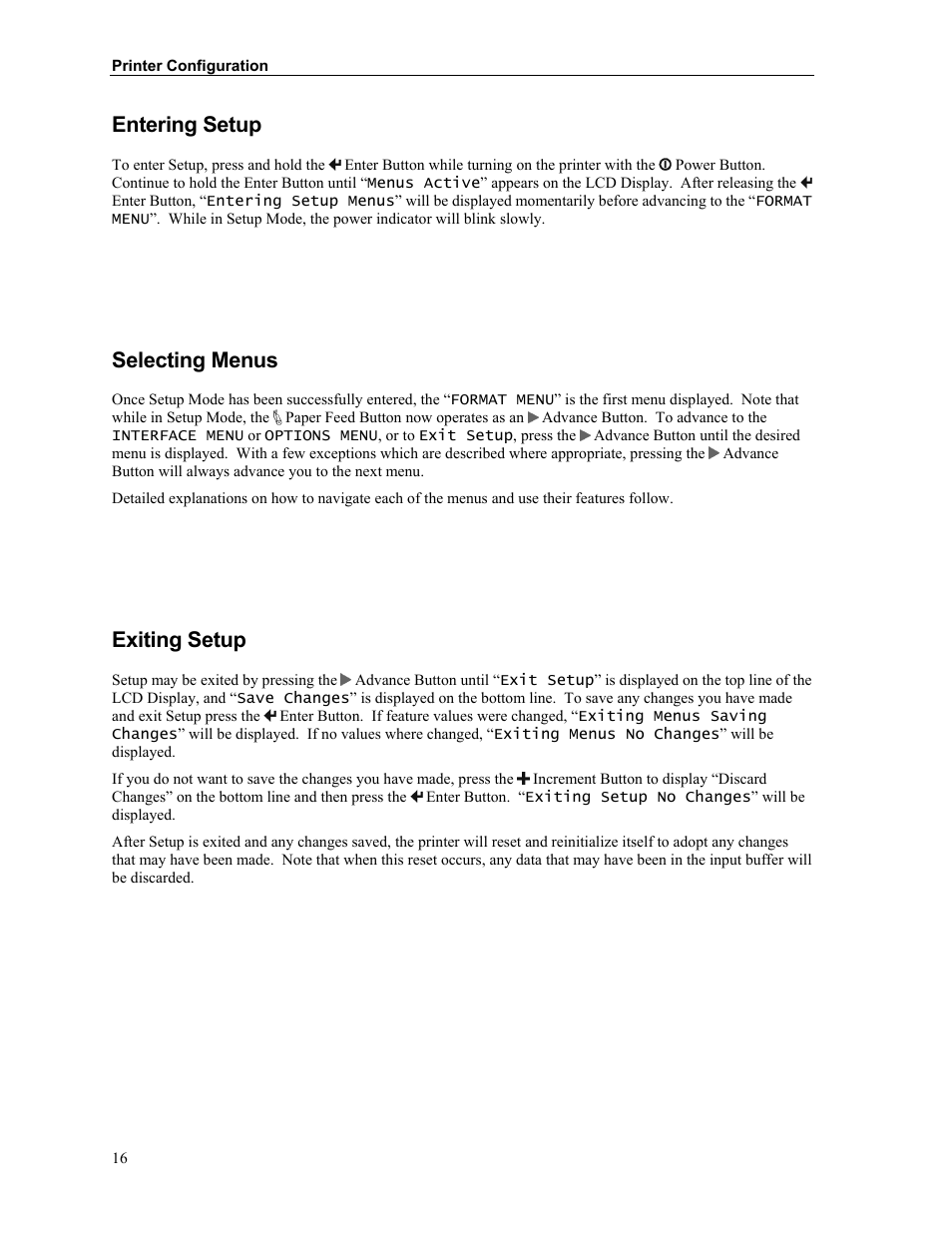 Entering setup, Selecting menus, Exiting setup | Printek Mobile Thermal MtP400 User Manual | Page 22 / 65