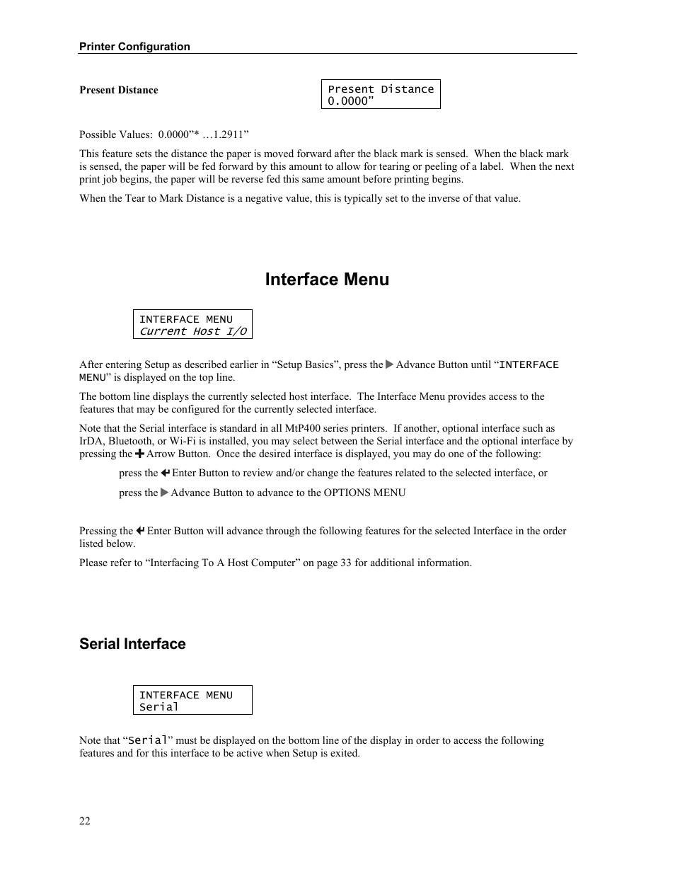 Interface menu, Serial interface | Printek Mobile Thermal MtP400 User Manual | Page 28 / 65