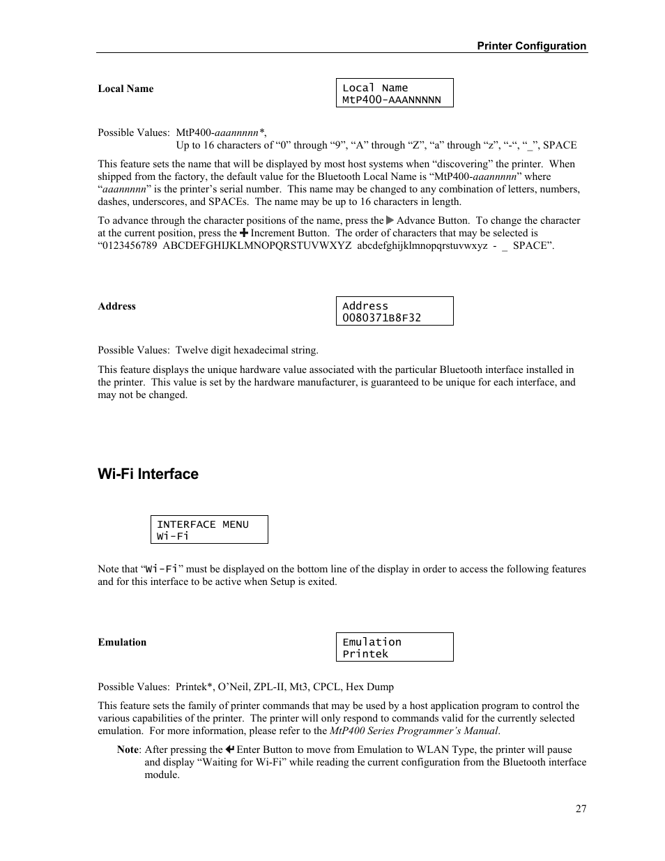 Wi-fi interface | Printek Mobile Thermal MtP400 User Manual | Page 33 / 65