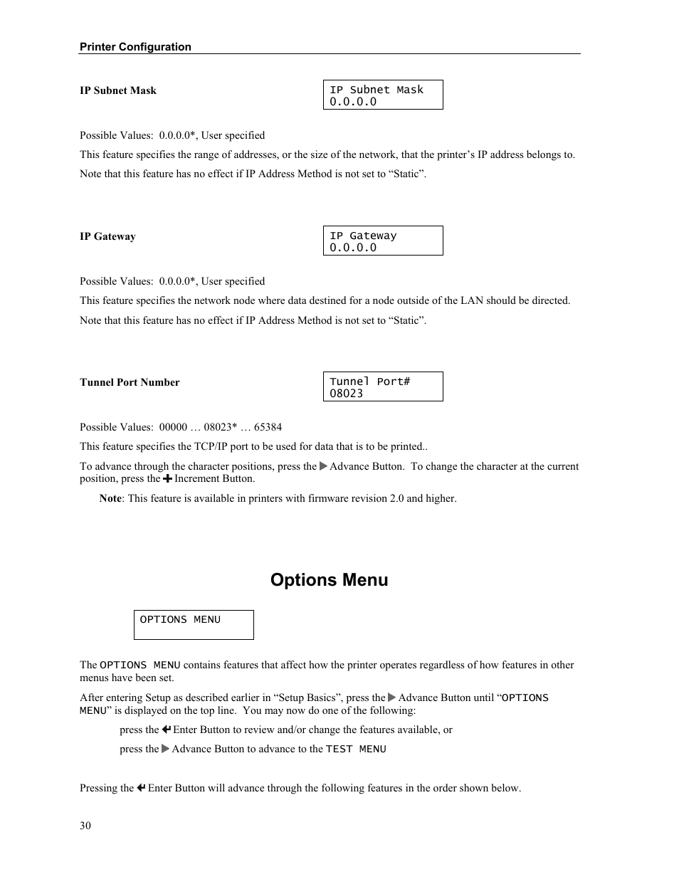 Options menu | Printek Mobile Thermal MtP400 User Manual | Page 36 / 65