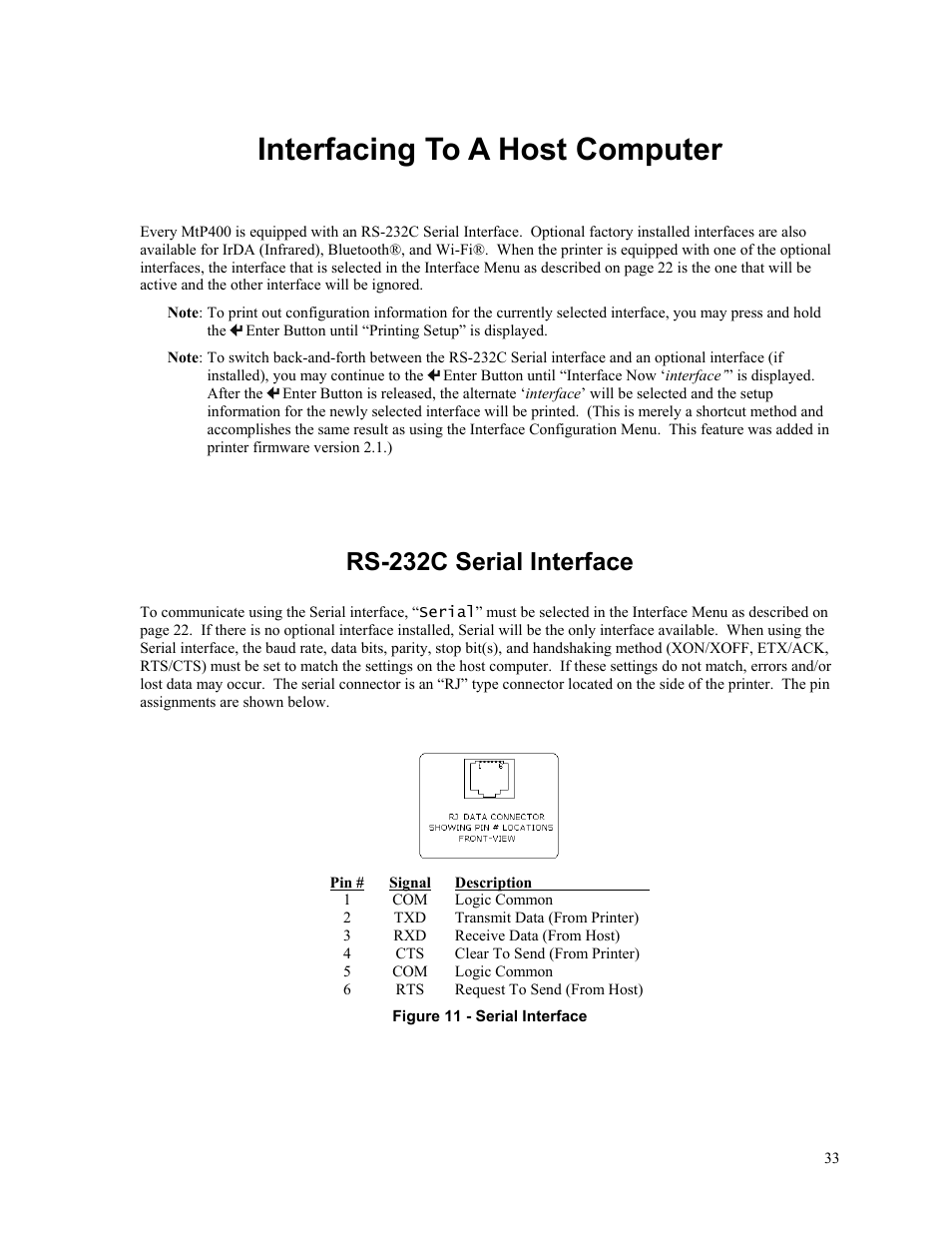 Interfacing to a host computer, Rs-232c serial interface | Printek Mobile Thermal MtP400 User Manual | Page 39 / 65