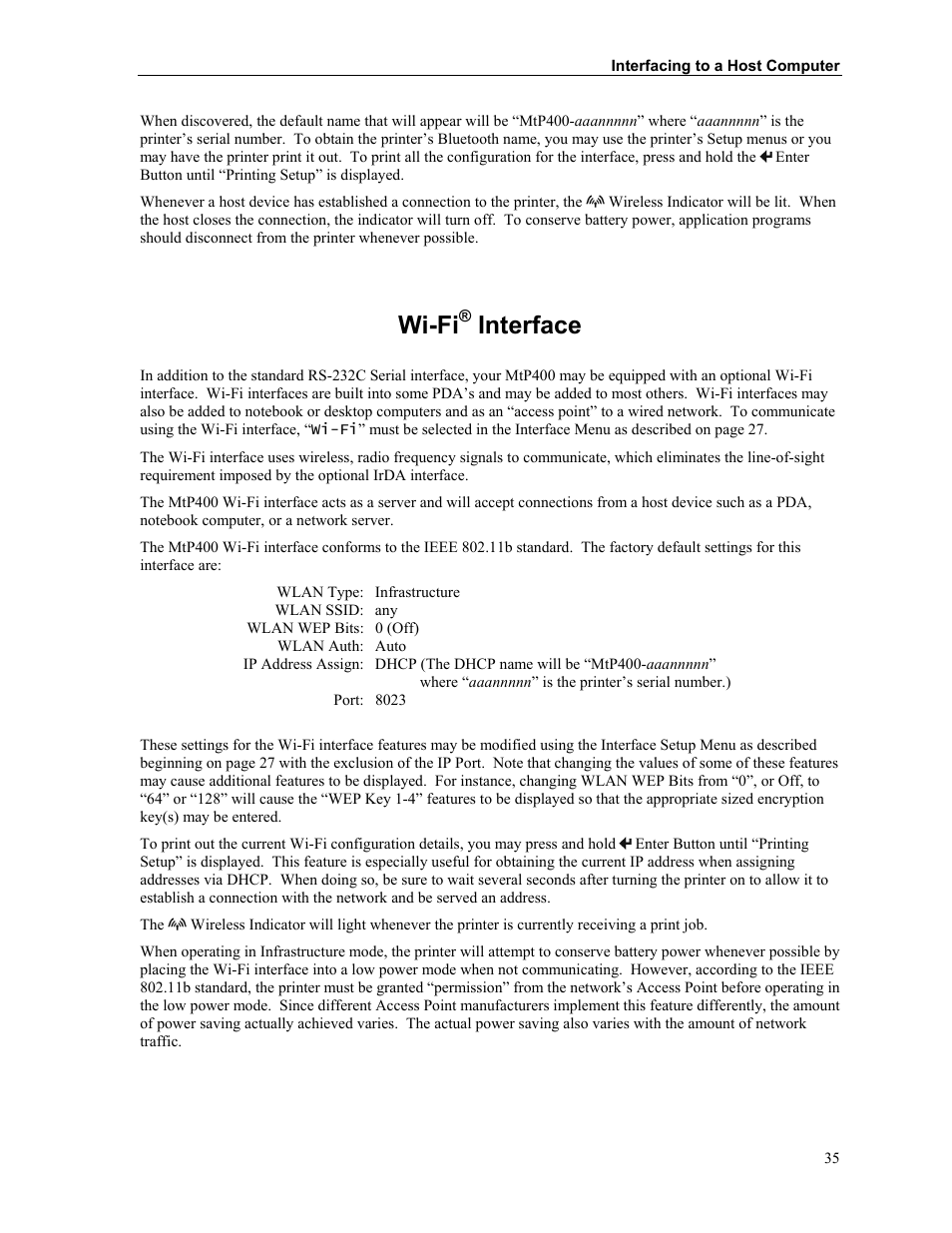 Wi-fi® interface, Wi-fi, Interface | Printek Mobile Thermal MtP400 User Manual | Page 41 / 65