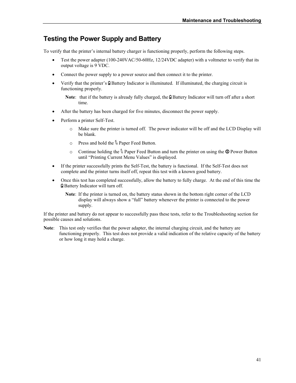 Testing the power supply and battery | Printek Mobile Thermal MtP400 User Manual | Page 47 / 65