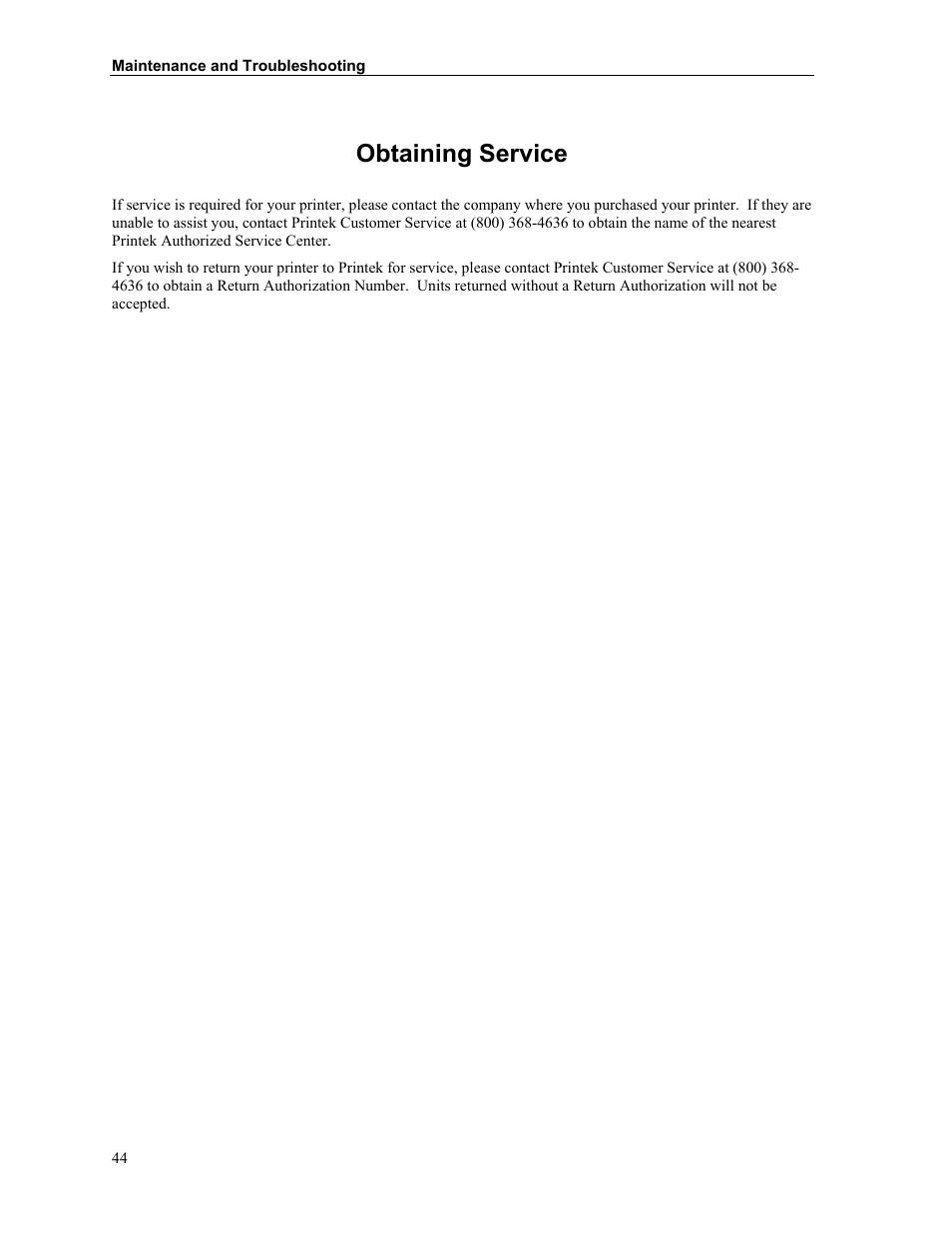 Obtaining service | Printek Mobile Thermal MtP400 User Manual | Page 50 / 65