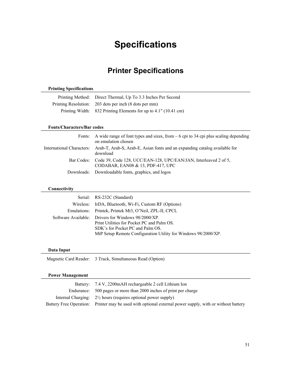 Specifications, Printer specifications | Printek Mobile Thermal MtP400 User Manual | Page 57 / 65