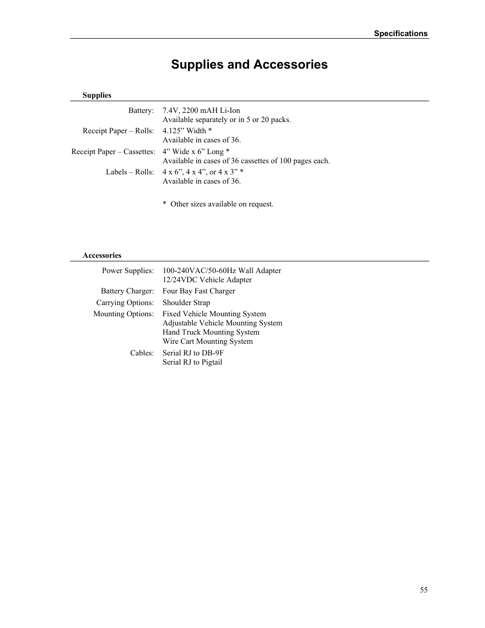 Supplies and accessories | Printek Mobile Thermal MtP400 User Manual | Page 61 / 65