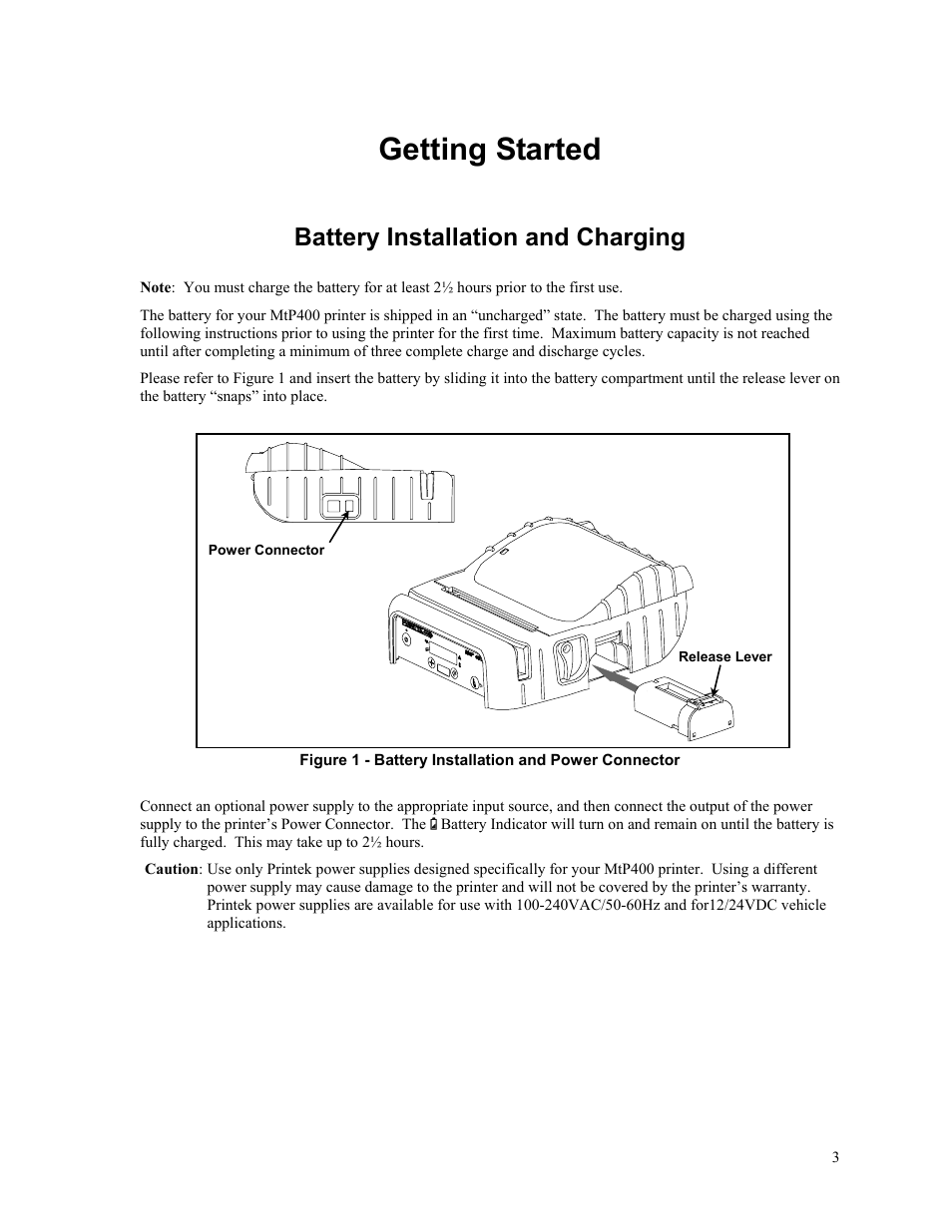 Getting started, Battery installation and charging, Getting started cont | Printek Mobile Thermal MtP400 User Manual | Page 9 / 65