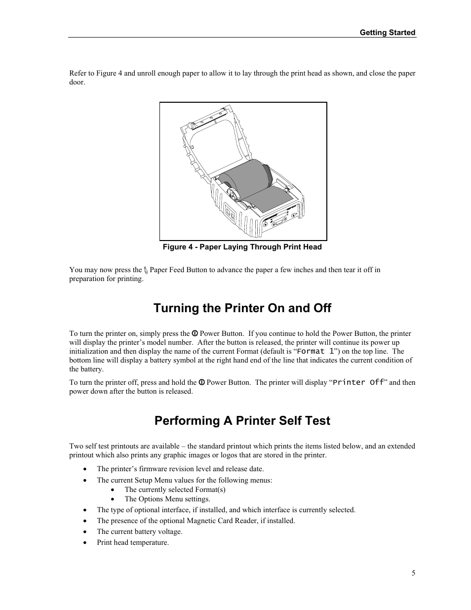 Turning the printer on and off, Performing a printer self test | Printek Mobile Thermal MtP300 Series User Manual | Page 11 / 65