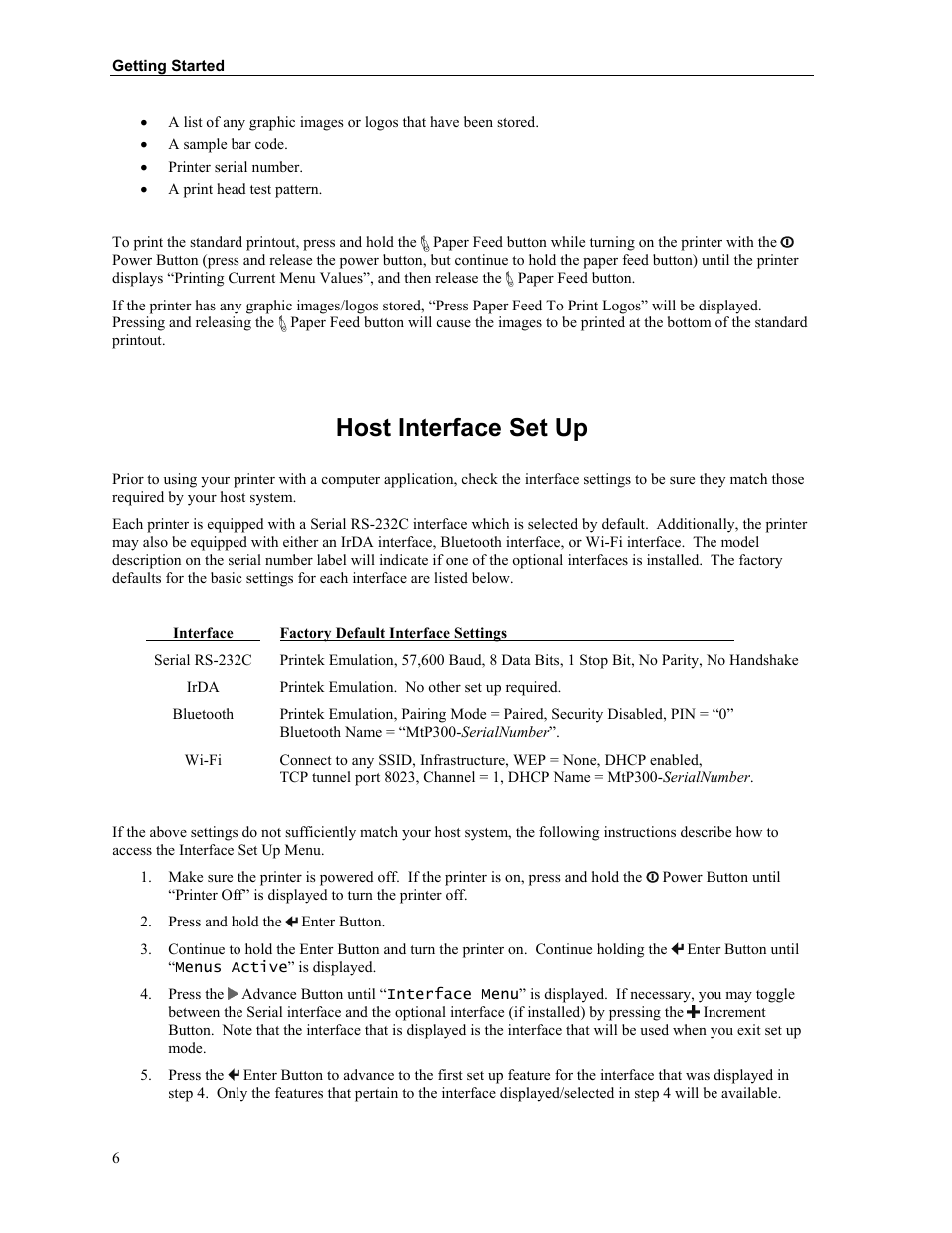 Host interface set up | Printek Mobile Thermal MtP300 Series User Manual | Page 12 / 65