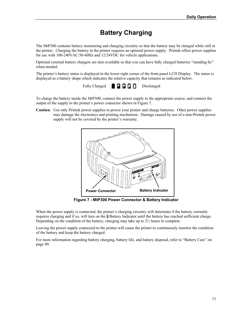 Battery charging | Printek Mobile Thermal MtP300 Series User Manual | Page 17 / 65