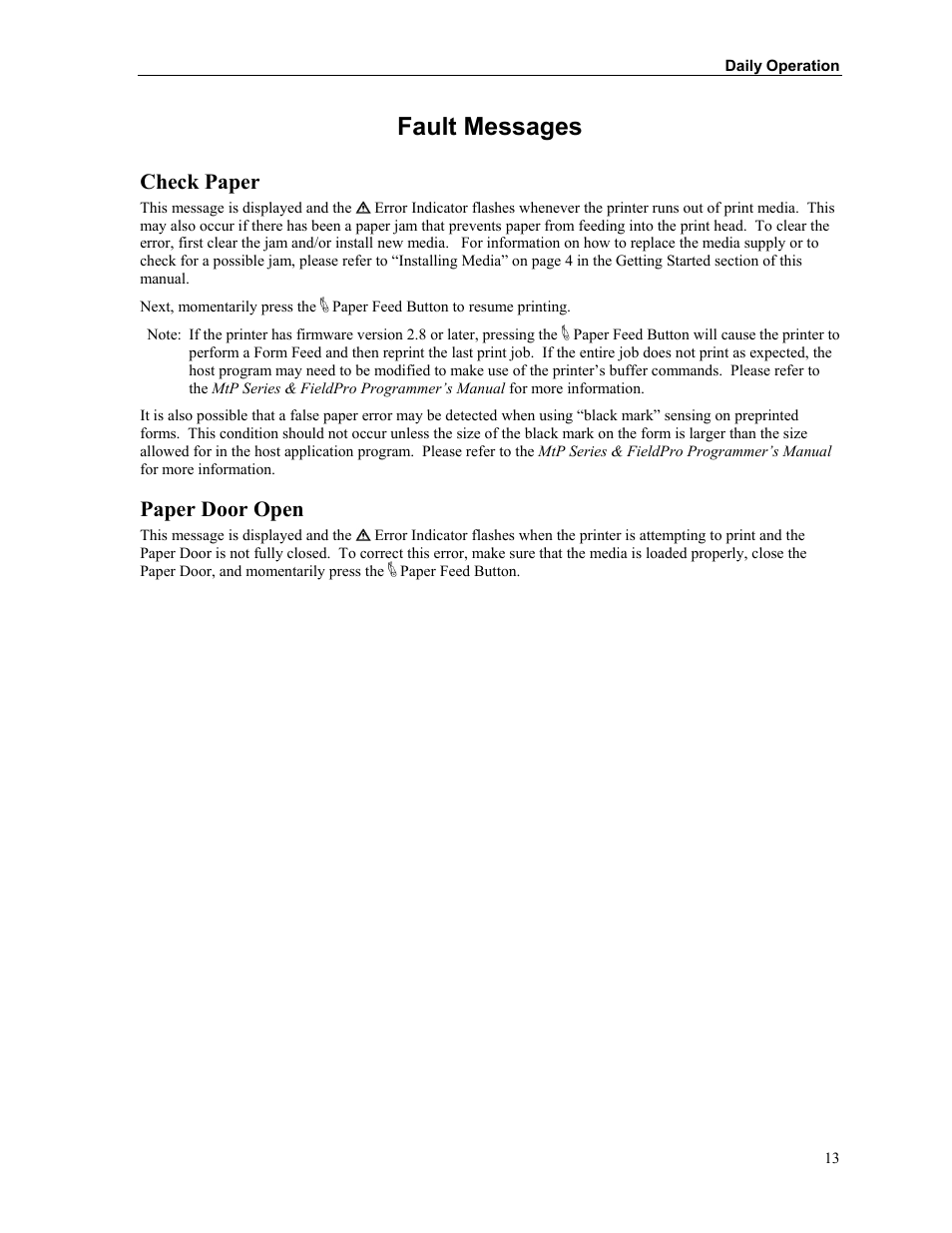 Fault messages, Check paper, Paper door open | Printek Mobile Thermal MtP300 Series User Manual | Page 19 / 65